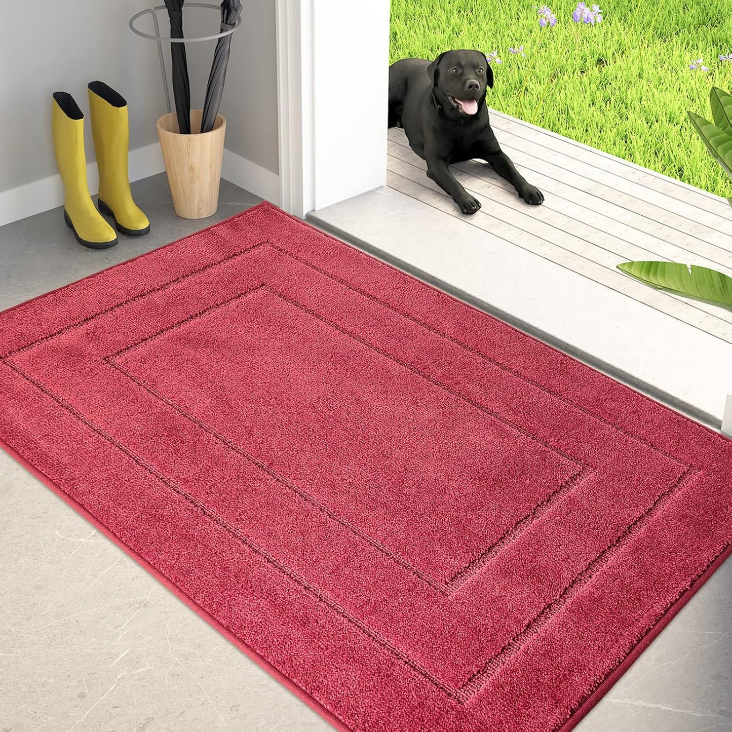 PURRUGS Dirt Trapping Door Mat 34" x 59", Non-Slip/Skid Machine Washable Entryway Area Rug, Dog Doormat, Super Absorbent Welcome Mat for Muddy Wet Shoes and Paws, Burgundy Red