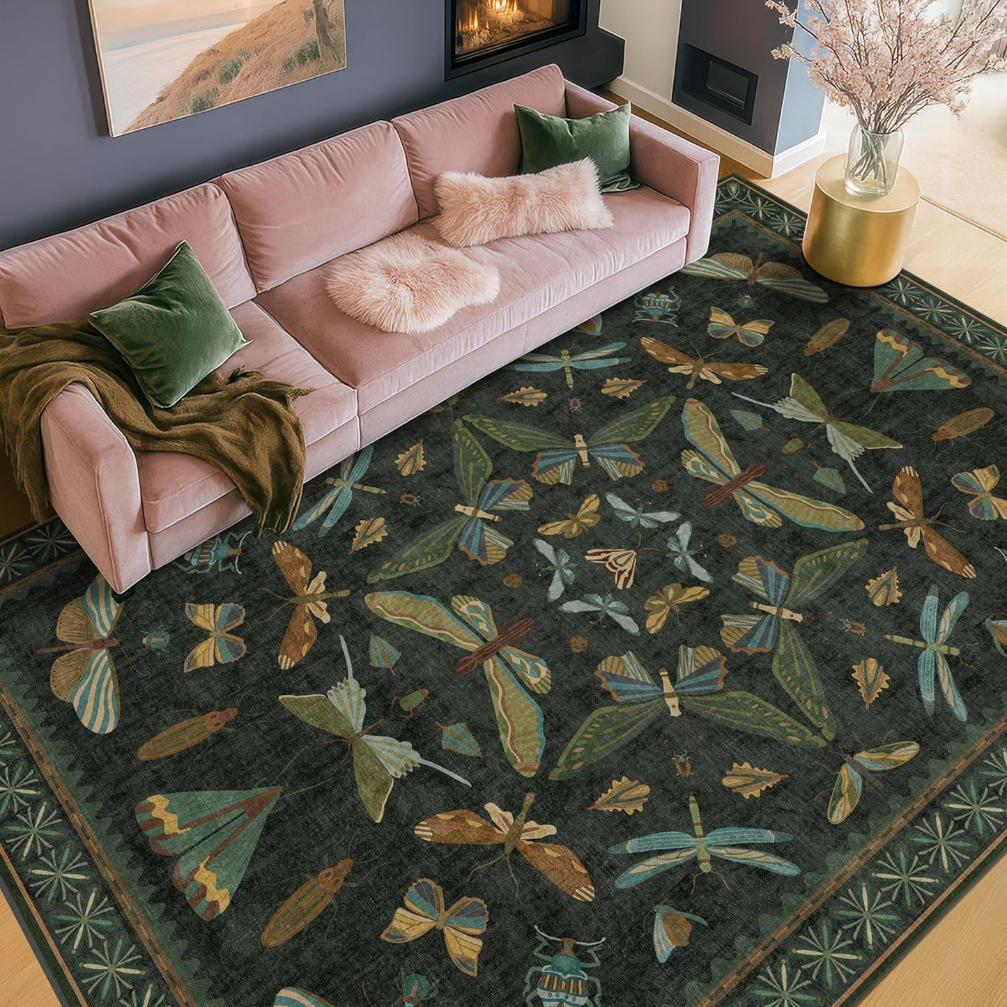 6x9 Dark Green Area Rugs for Dining Room - Rugs for Living Room, Bedroom Under Bed, Insect Moth Floral Non Slip Low Pile Floor Carpet