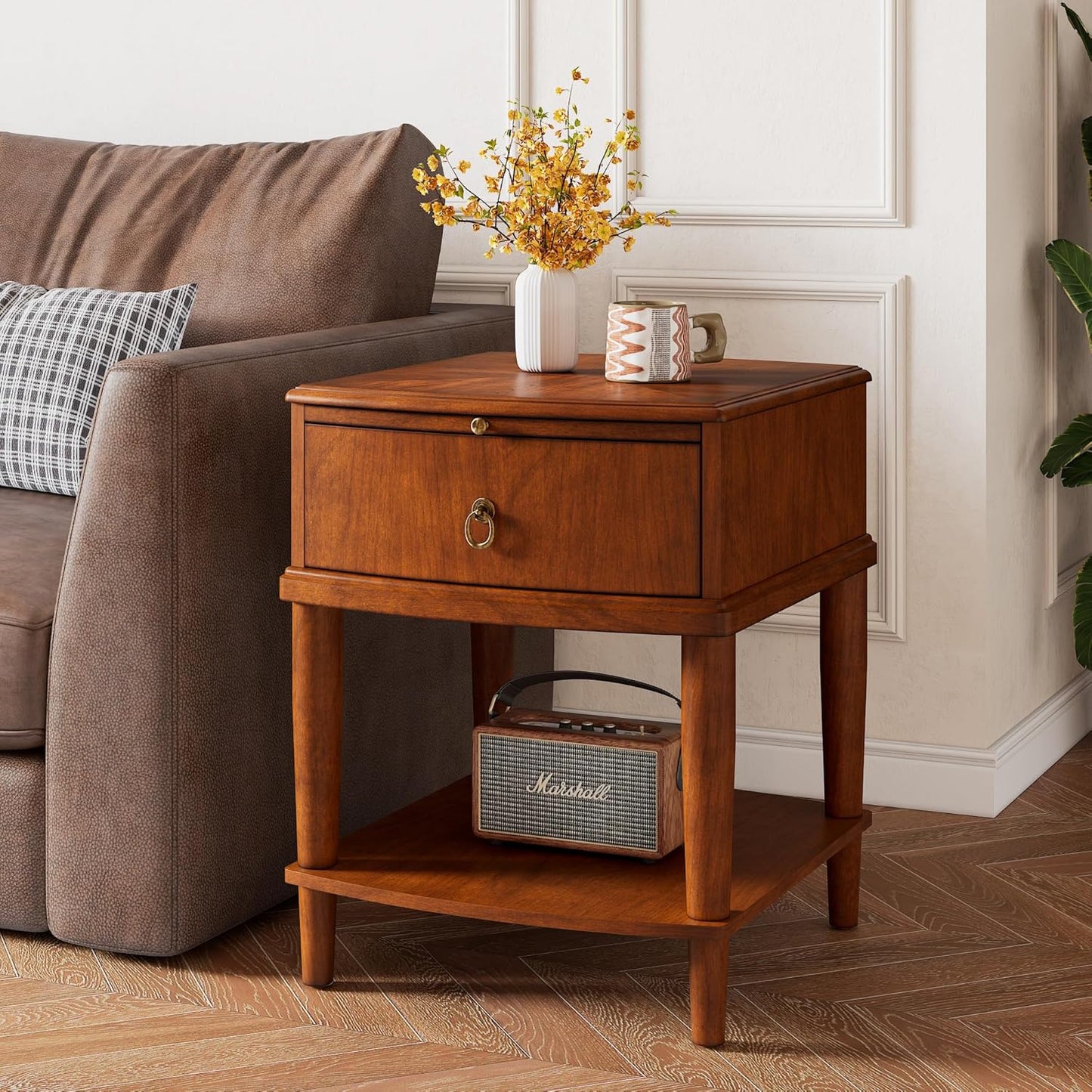 Set of 2 Solid Wood Square End Table with Drawer, 2 Tier Wooden Sofa Side Table with Sliding Shelf & Lower Shelf, Nightstand Bedside Table for Living Room Bedroom, 19.7x17.7x22.8in