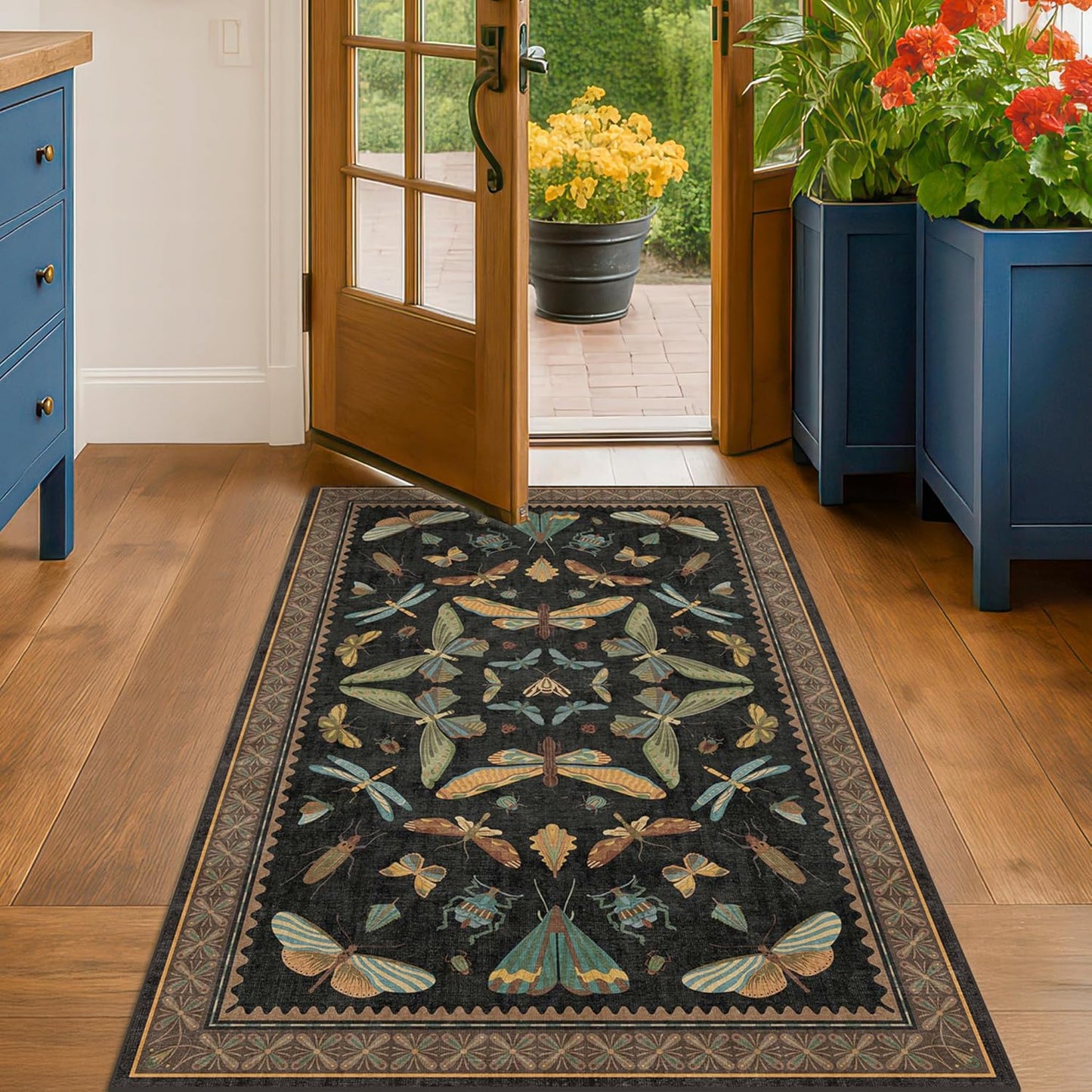 3x5 Entryway Rug Non Slip Washable - Black Throw Rug for Kitchen, Mudroom, Bedroom Bedside, Insect Boho Vintage Aesthetic Décor