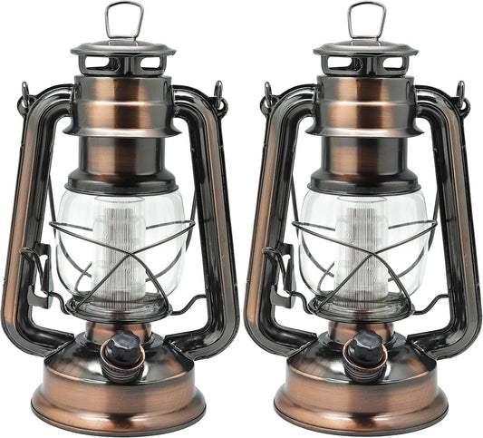 YAKii LED Vintage Lantern Metal Hanging Hurricane 12 LED Dimmer Switch Warm White Battery Operated Power Outage Indoor Camping Lighting Outdoor Brooklyn (Copper 2 Pack)