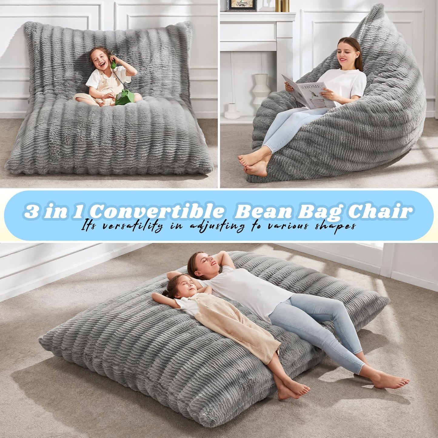 Hobestluk 3 in 1 Bean Bag Chair Giant Bean Bag Chairs for Adults with Ripple Cover Convertible Bean Bag Floor Cushion with Machine Washable Cover for Living Room (Ripple Grey)