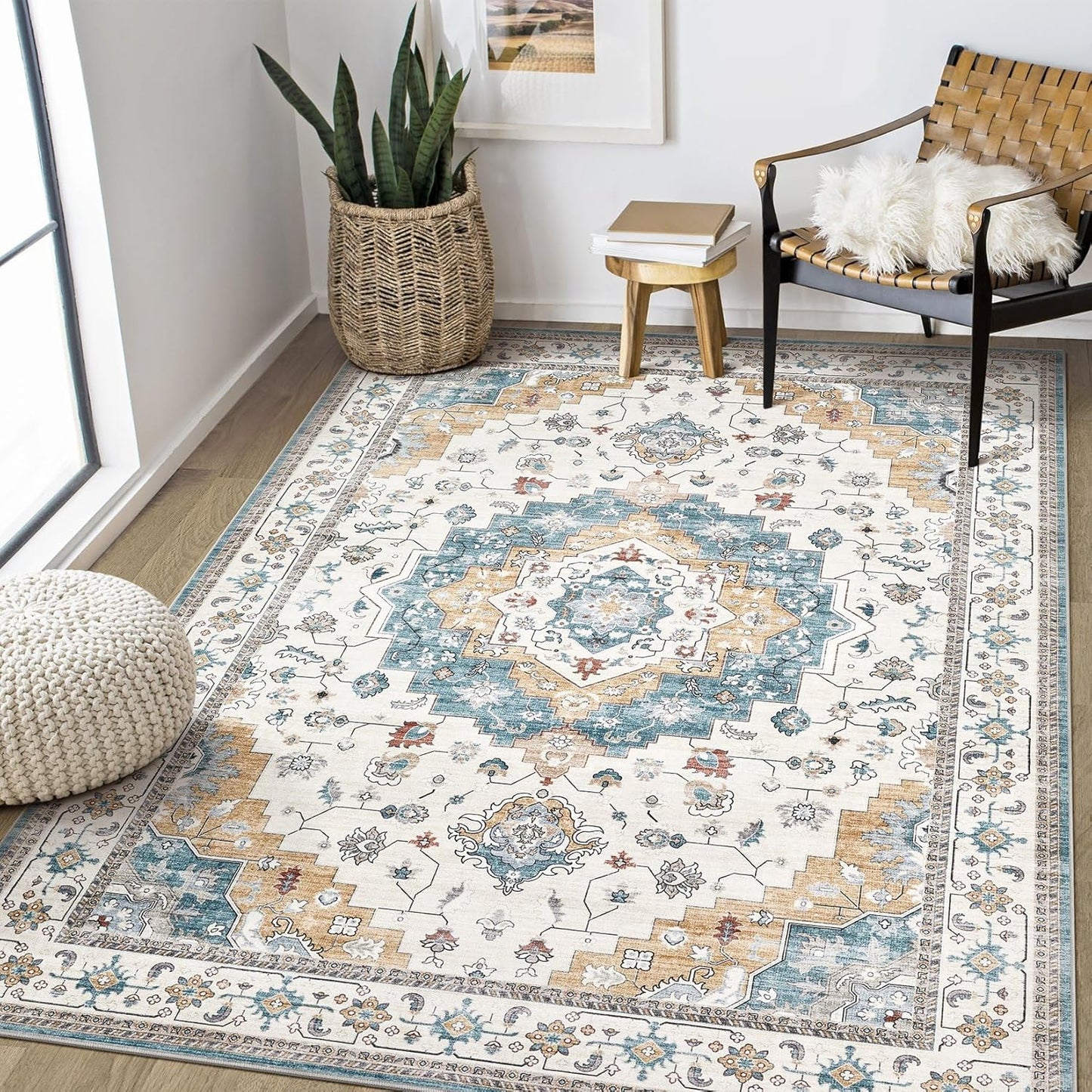 Washable Area Rugs for Living Room - 5x7 Neutral Vintage Distressed Floral Farmhouse Boho Large Soft Floor Rug Indoor Non Slip Carpet for Living Room Bedroom Dining Room Office - Blue/Yellow/Beige