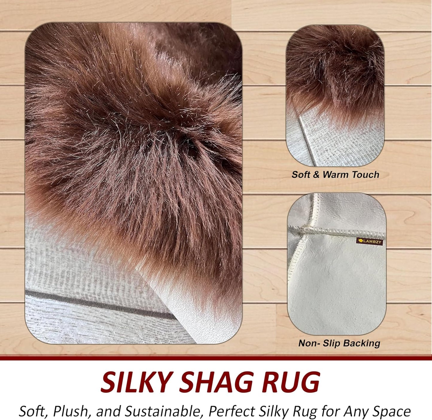 LAMBZY Faux Sheepskin Soft Hypoallergenic Free Shape Silky Shag Rug, Luxury Shaggy Silky Plush Carpet for Bedrooms Rugs Living Room Kids Rooms Sofa Floor Rugs (Double 2'x6', 60x180cm Brown)