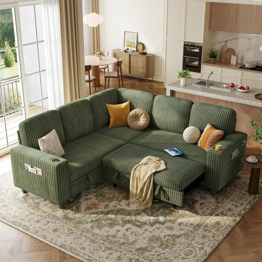 LINSY HOME Sectional Sleeper Sofa with Pull Out Couch Bed - Convertible Plush Corduroy Cloud Couch with Storage Chaise & USB Charging, Comfy L Shaped Modular Couches for Living Room Apartment, Green