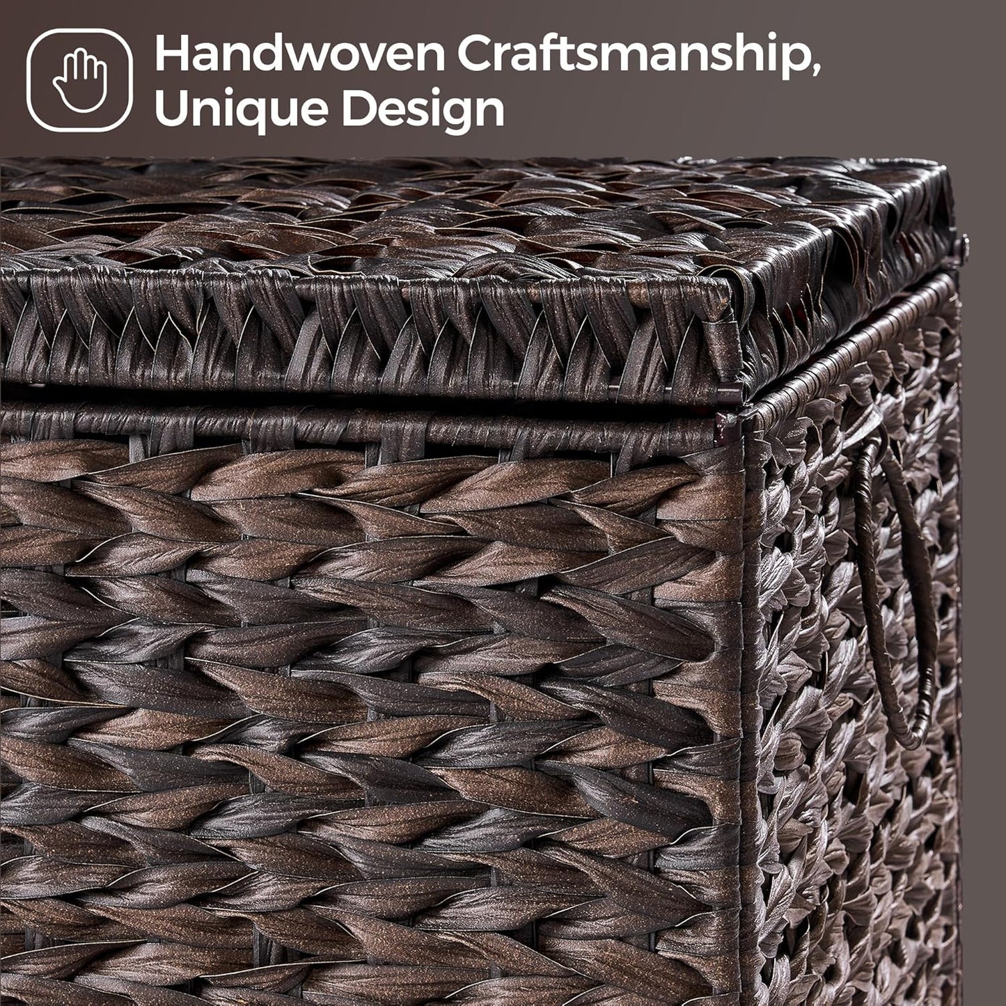 Handwoven Storage Basket with Lid, 165L Plastic Rattan Storage Bin, Leather Buckle & Metal Frame, Large Metal Ring Handles, Storage Trunk for Bedroom, Laundry Room