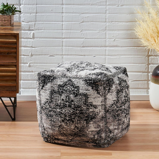 GDFStudio Boho Handmade Fabric Cube Pouf Ottoman Foot Stool - Bean Bag Floor Chair - Foot Rest Couch for Living Room Bedroom,Black and Beige,16"" x 16"" x 16"", 312604N