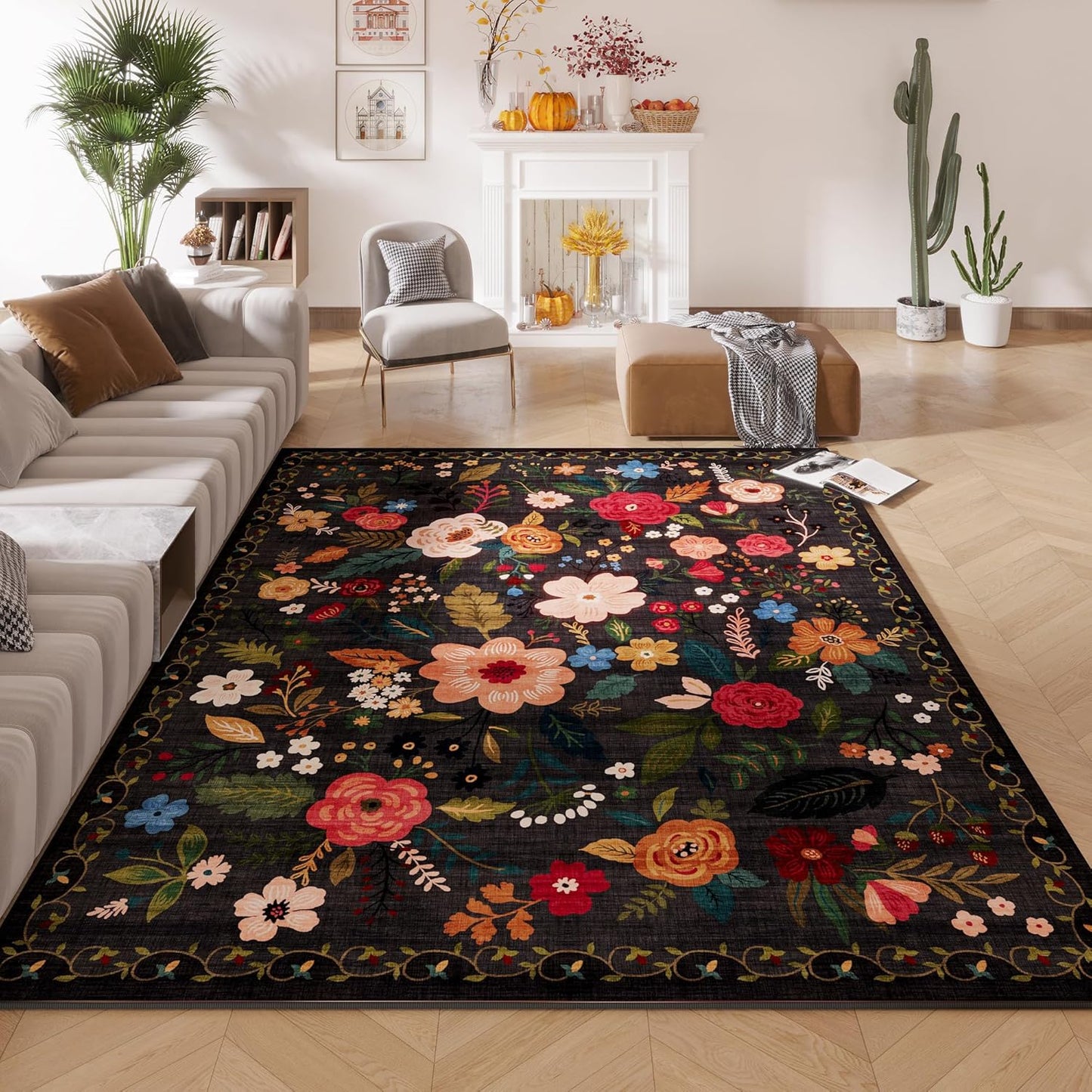 Living Room Rug 5x7 Rug Machine Washable Boho Area Rug Non Slip Floral Vintage Low Pile Large Rugs for Living Room, Bedroom, Farmhouse, Dining Room, Kids Playroom(Black)