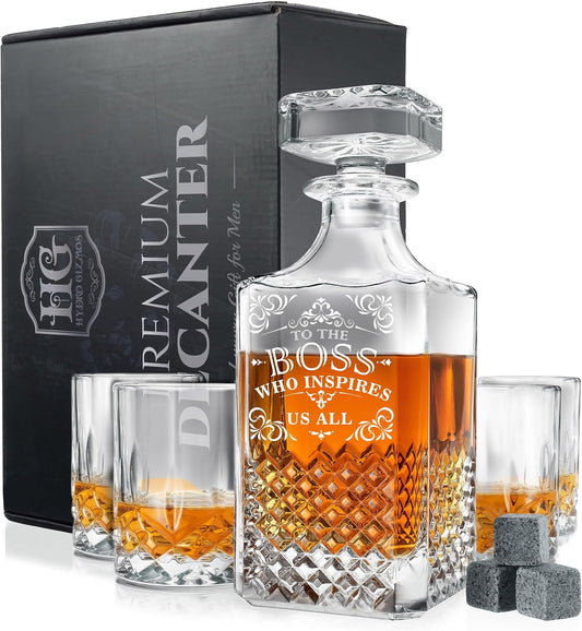 Luxury Gift For Boss - Boss Who Inspires Us All - Unique Engraved Whiskey Decanter Set For The Leader or Dad Christmas, Birthday Gift – 4 Whiskey Glasses And Decanter Set for Whisky, Bourbon Ets.