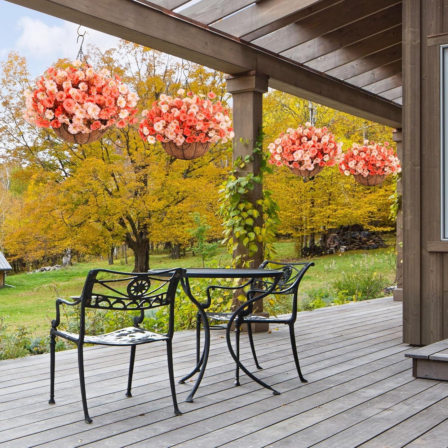 Artificial Fall Flowers Fake Hanging Plants Flowers Basket for Outdoors Autumn Decoration, Silk Morning Glory with Eucalyptus Look Real UV Resistant Faux Flowers for Outside Porch Patio Balcony, Mix