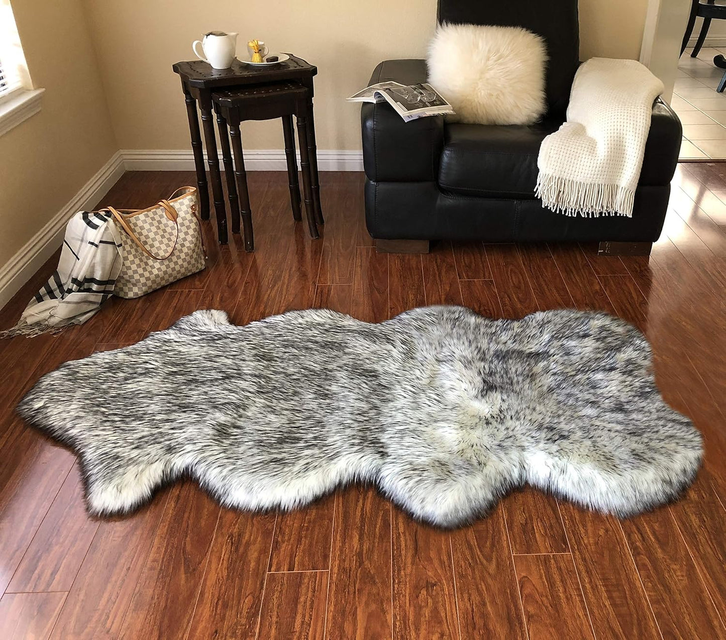 LAMBZY Faux Sheepskin Hypoallergenic Free Shape Silky Shag Rug, Luxury Shaggy Silky Plush Carpet for Bedrooms Rugs Living Sofa Floor (Single and a Half 2'x4', 60x120 cm White with Black Tips)