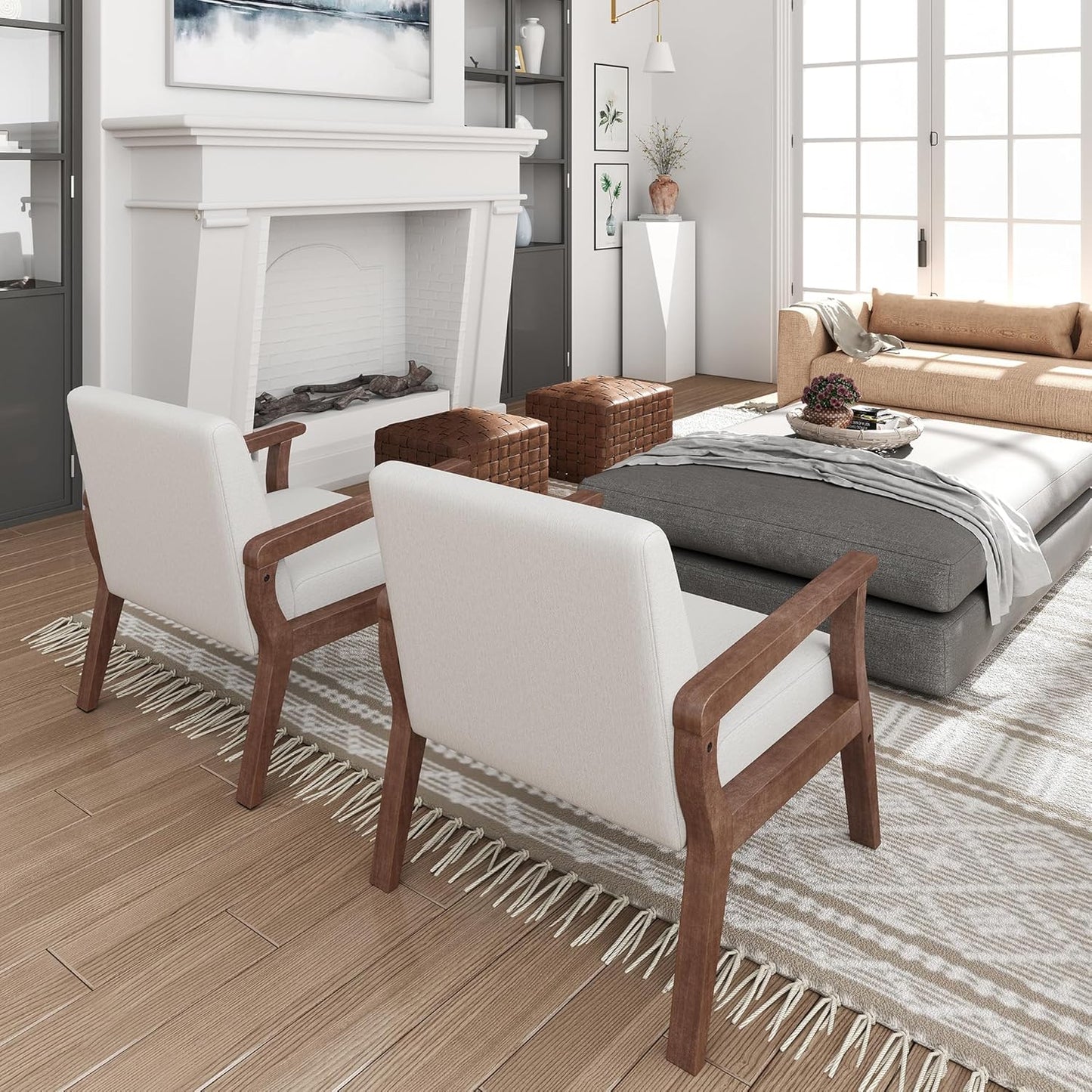 HNY Mid Century Modern Accent Chairs Set of 2 with Wood Frames, Linen Upholstered Living Room Arm Chairs for Living Room, Bedroom, Ivory