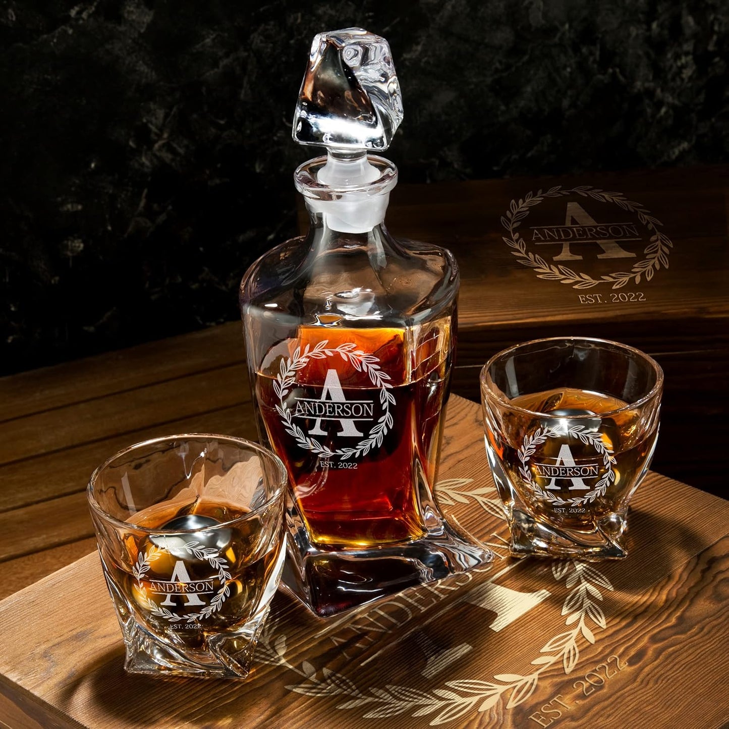 Personalized Whiskey Decanter and Stones Set - Customized Gift for Him - Men, Dad, Father - Engraved Twisted Decanter,2 Twisted Glasses, 2 XL Chilling Balls, Coasters, Tongs in Wooden Gift Box