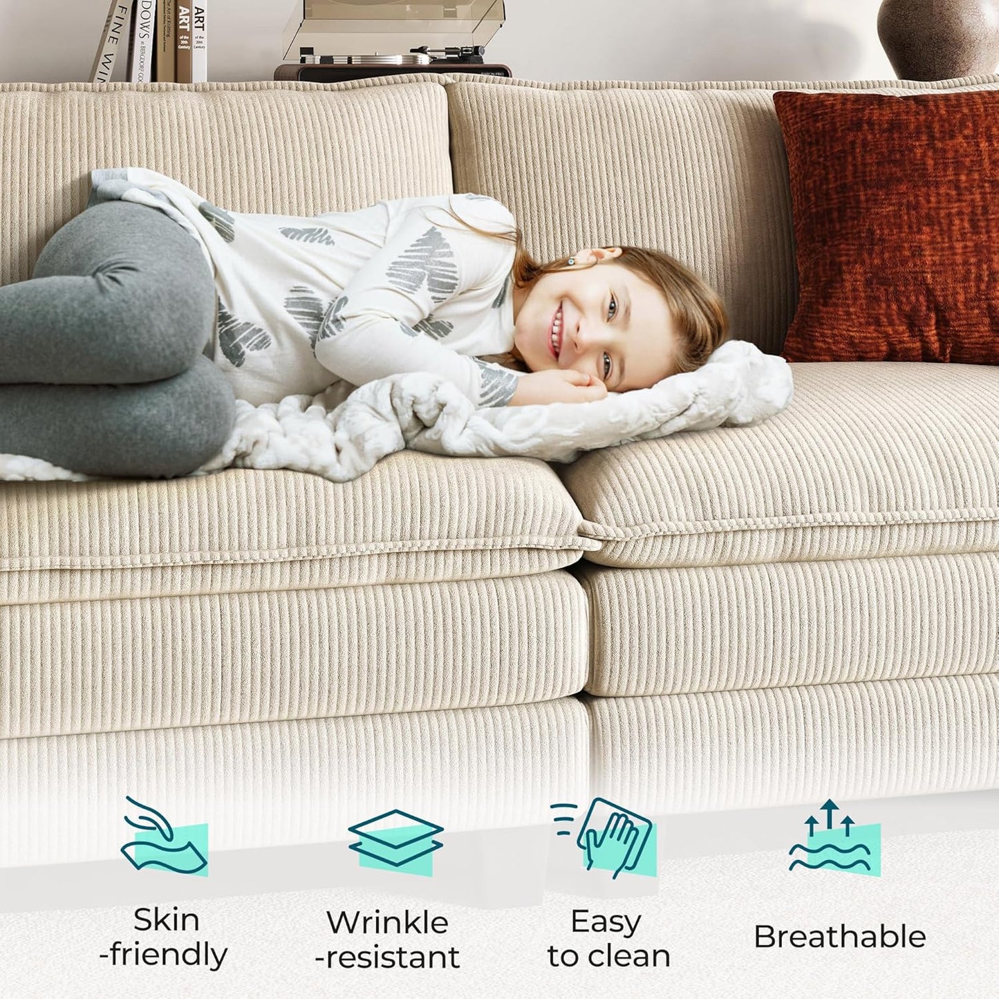 LINSY HOME Modular Sectional Sofa - 123'' Oversized Sleeper Sofa Cloud Couch Corduroy Sofa Bed with Movable Ottoman Soft Modern Comfy Couch for Living Room Apartment Office, Beige