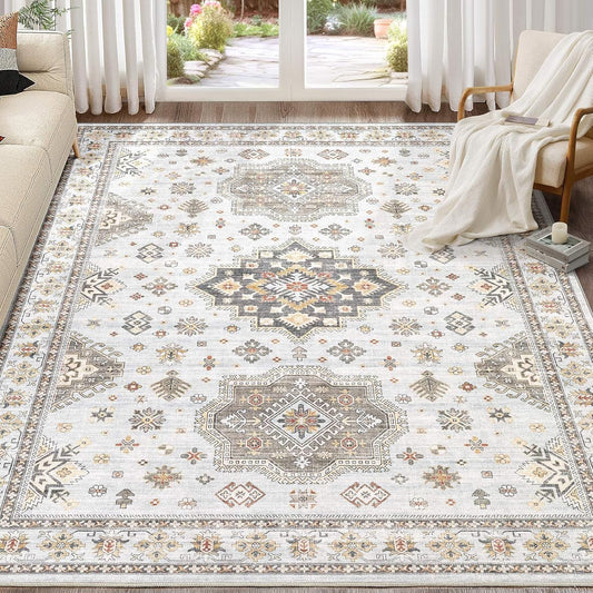 Washable Area Rugs for Living Room -8x10 Neutral Vintage Distressed Floral Farmhouse Boho Large Soft Floor Rug Indoor Non Slip Carpet for Living Room Bedroom Dining Room Office -Blue Brown