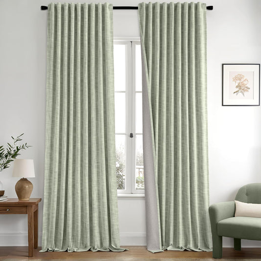 MIULEE Sage Green 100% Blackout Linen Curtains 84 Inch 2 Panels Set Double Sided No Coating Pleated Back Tab Black Out Long Thermal Insulated Pinch Pleat Bedroom Living Room Darkening Window Drapes