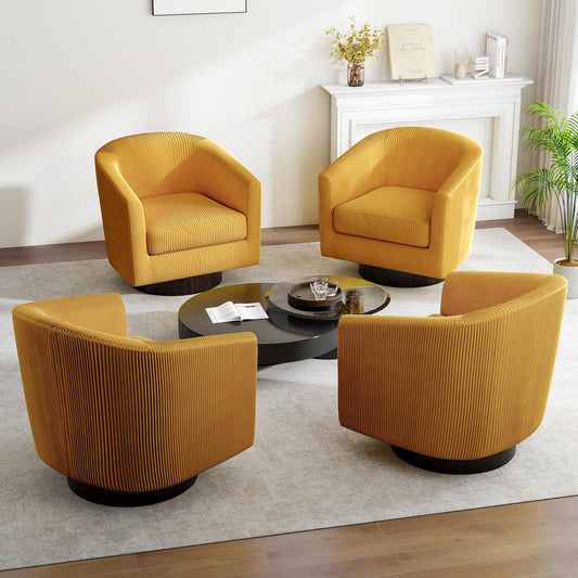 Swivel Barrel Accent Chair, Modern Round Corduroy Fabric Arm Chair for Living Room, Bedroom, Comfy Club Reading Chairs for Adults (Corduroy Orange, Set of 4)