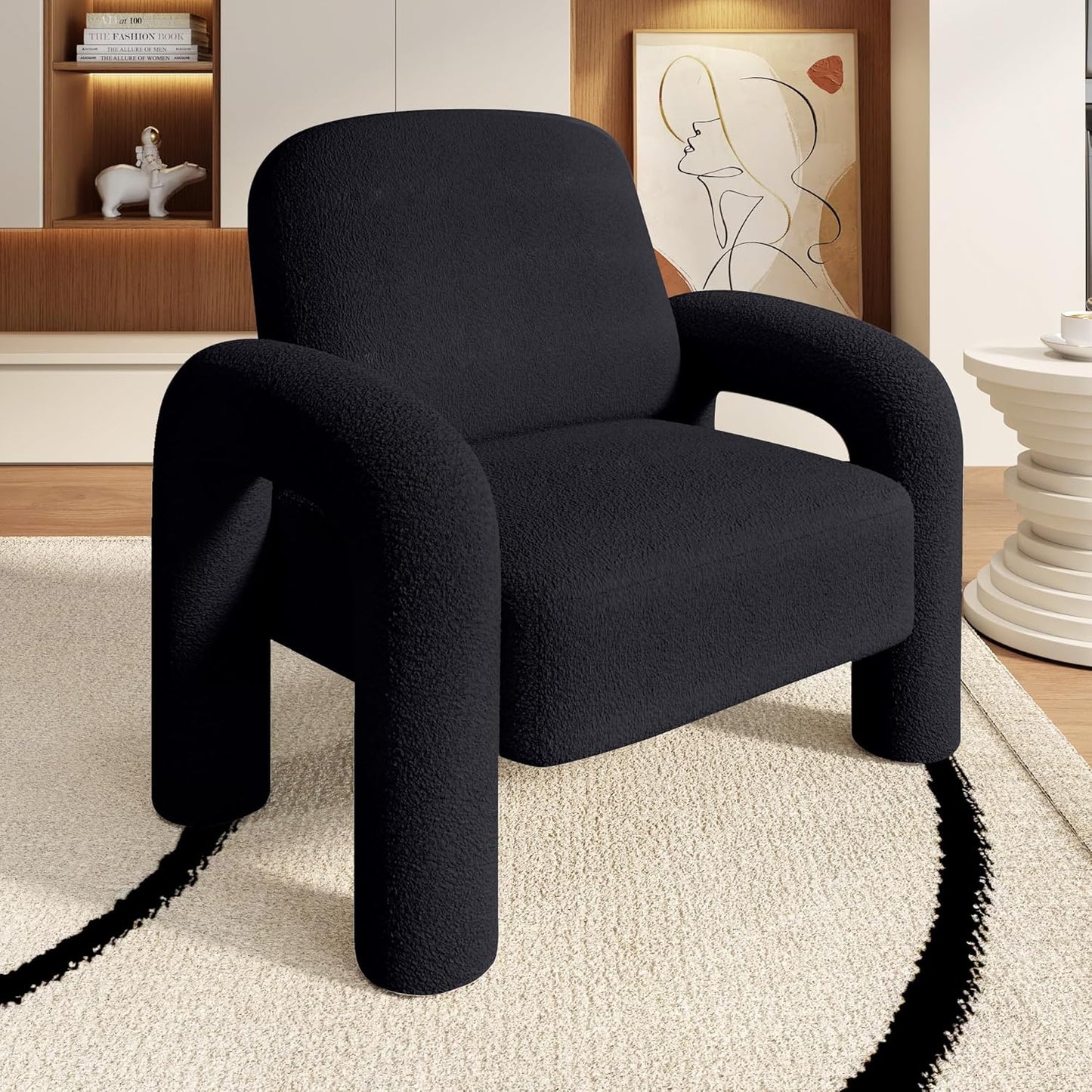 Modern Sherpa Accent Chair, Teddy Upholstered Arm Single Sofa, Cozy Fluffy Reading Chair for Living Room, Bedrooms, Corner (Black)