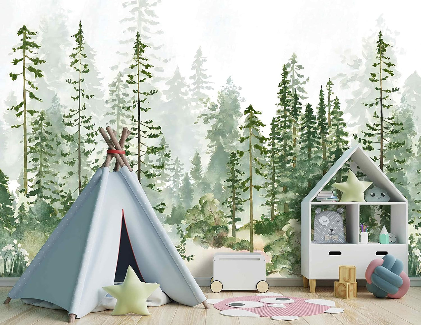 Boys or Girls Cartoon Pine Tree Forest wallpeper Nursery Kids Bedroom Wall Mural - 160"x108"（Not Peel and Stick）