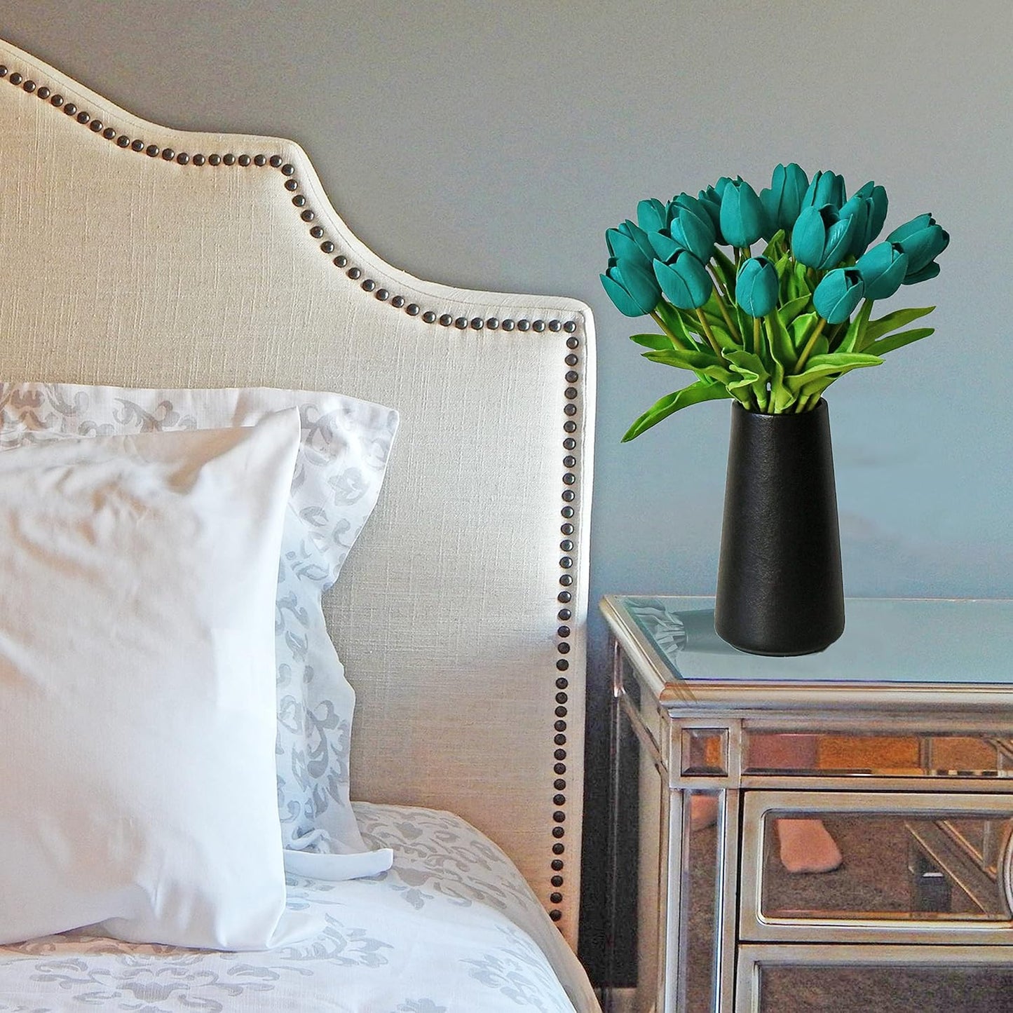 Mandy's Artificial Tulips 20 Stems Teal PU Faux Flowers for Wedding Home Decor 13.5 Inch