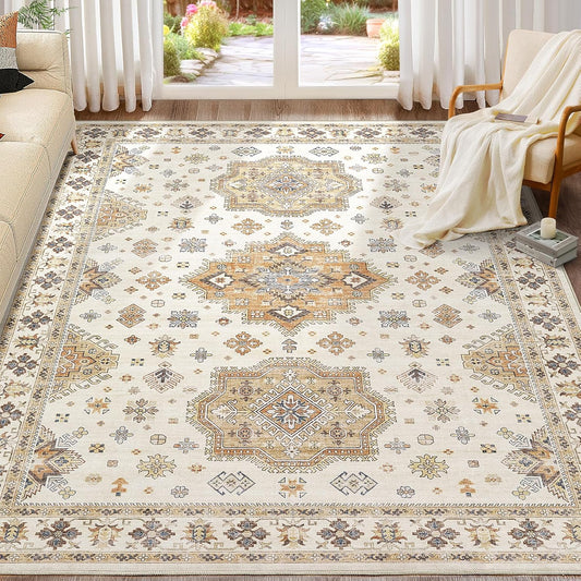 Washable Area Rugs for Living Room - 7x9 Neutral Vintage Distressed Floral Farmhouse Boho Large Soft Floor Rug Indoor Non Slip Carpet for Living Room Bedroom Dining Room Office - Orange/Yellow/Beige
