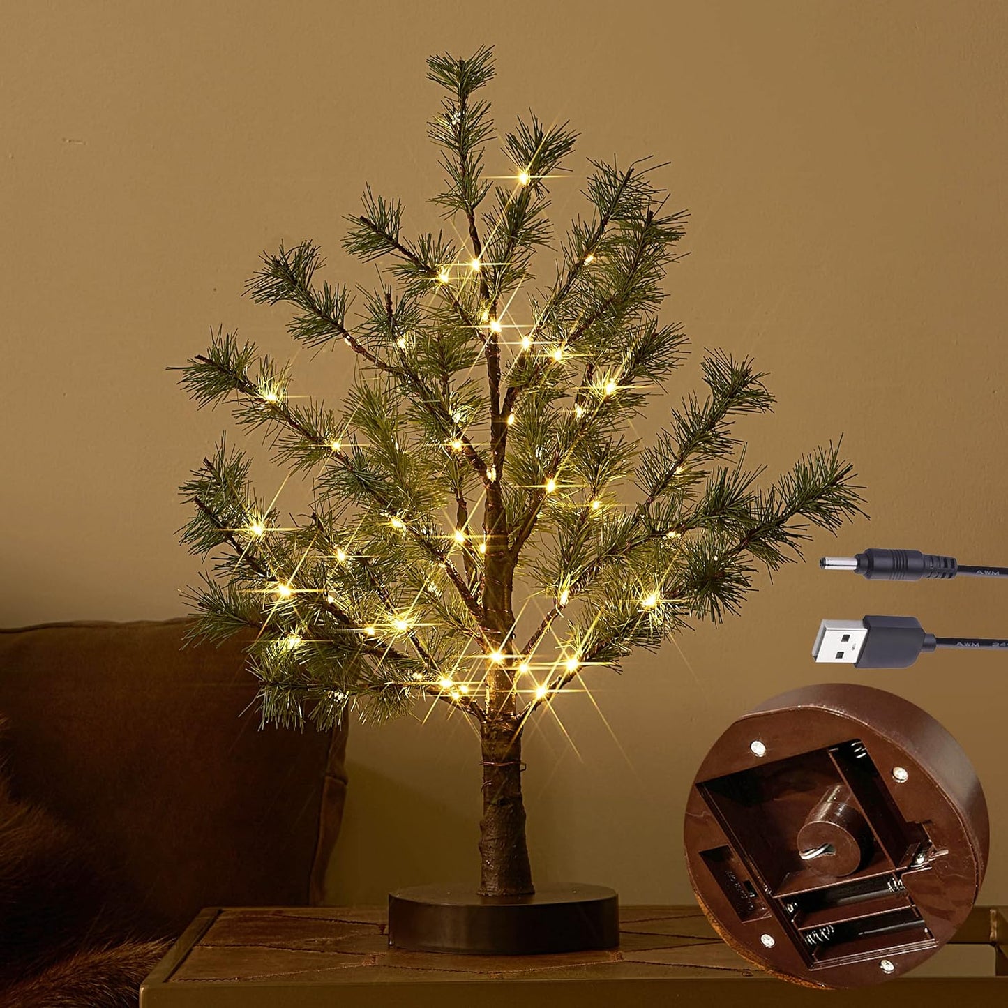 Hairui Christmas Tabletop Pine Tree Lights 60 LED 18IN Battery or USB Oprerated with Timer, Lighted Pine Tree for Home Winter Holiday Decor Indoor Use