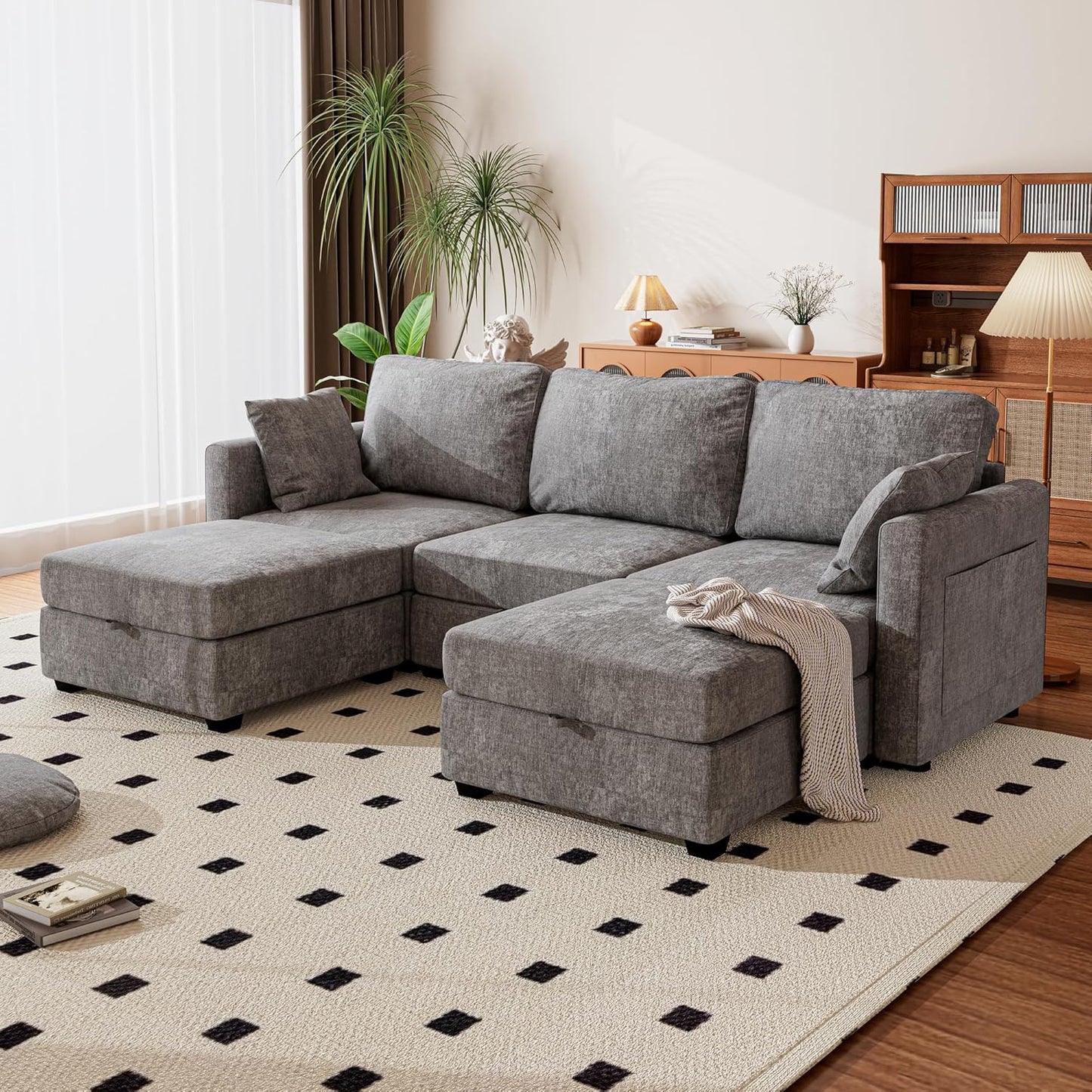 mestyl Modular Sectional Sofa Convertible U Shaped Sofa Couch Set with Storage for Living Room, Modern 3 Seater Modular Sectional Couch with 2 Movable Ottoman (Grey)