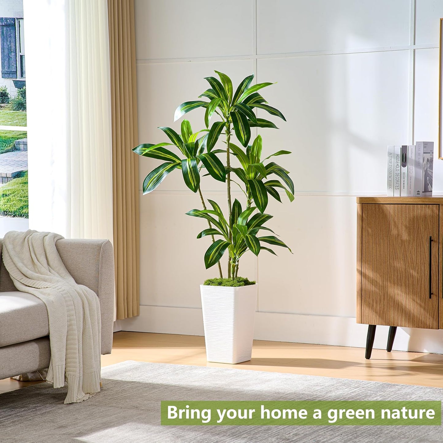 Artificial Dracaena Tree Artificial Silk Tree Faux Tree Fake Tropical Yucca Floor Plant with White Tall Planter (1, White Tall Planter, 5FT)