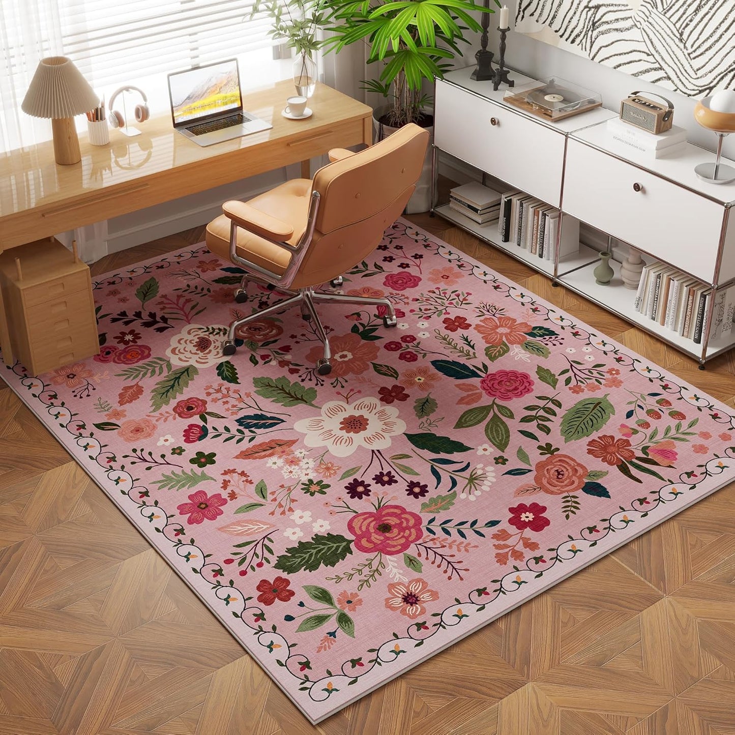 Bedroom Rug 3x5 Rug Washable Area Rug Non Slip Low Pile Boho Floral Small Carpet for Bedroom, Bedside, Kitchen, Entryway, Kids Room, Office, College Dorm Essentials for Girls(Pink)