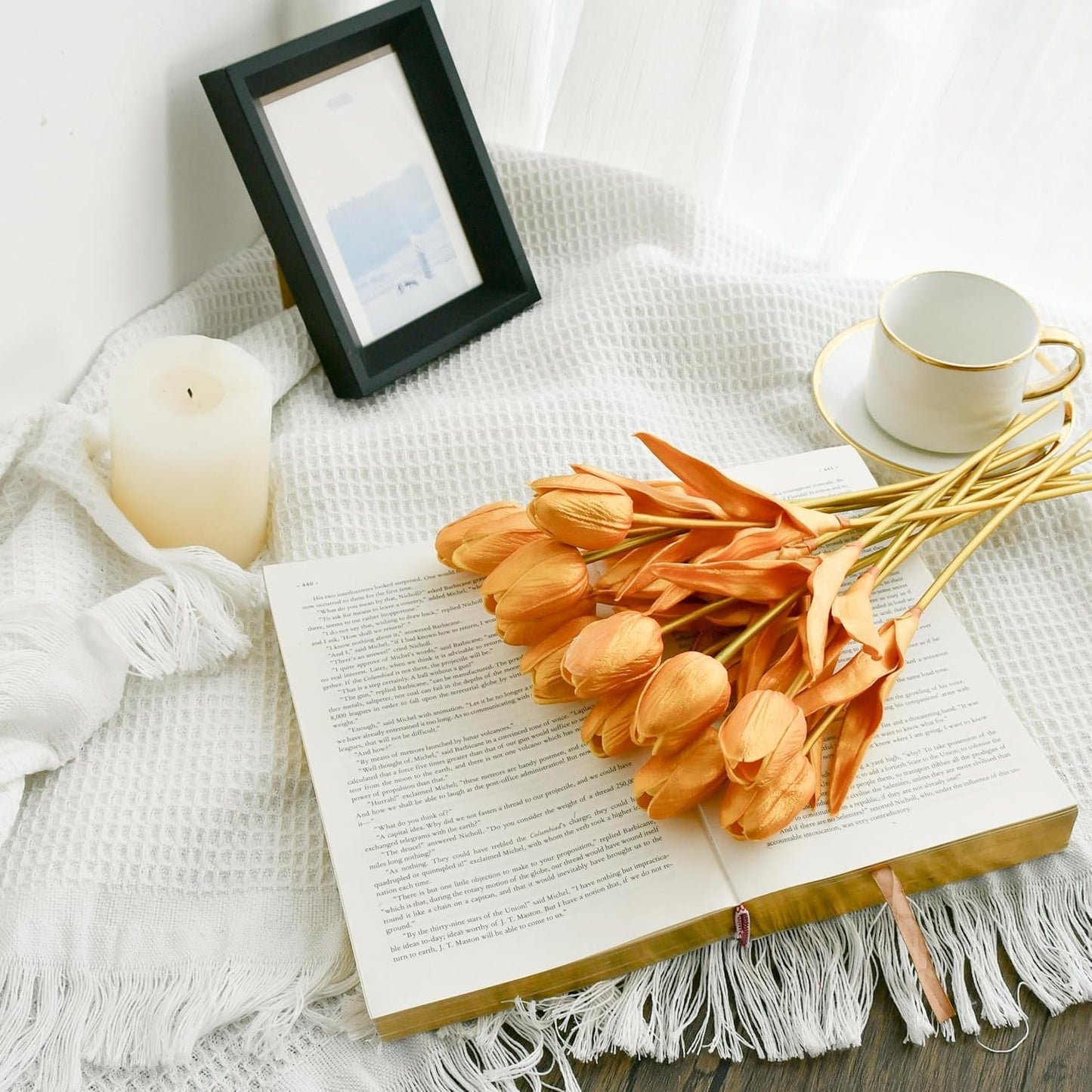 Mandy's Artificial Tulips 12 Stems Fully Gold PU Faux Flowers for Wedding Home Decor 13.5 Inch