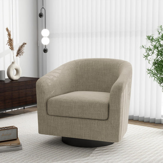 Swivel Barrel Accent Chair, Modern Round Linen Arm Chair for Living Room, Bedroom, Comfy Club Reading Chairs for Adults-Linen Fabric Light Brown, 1SEAT