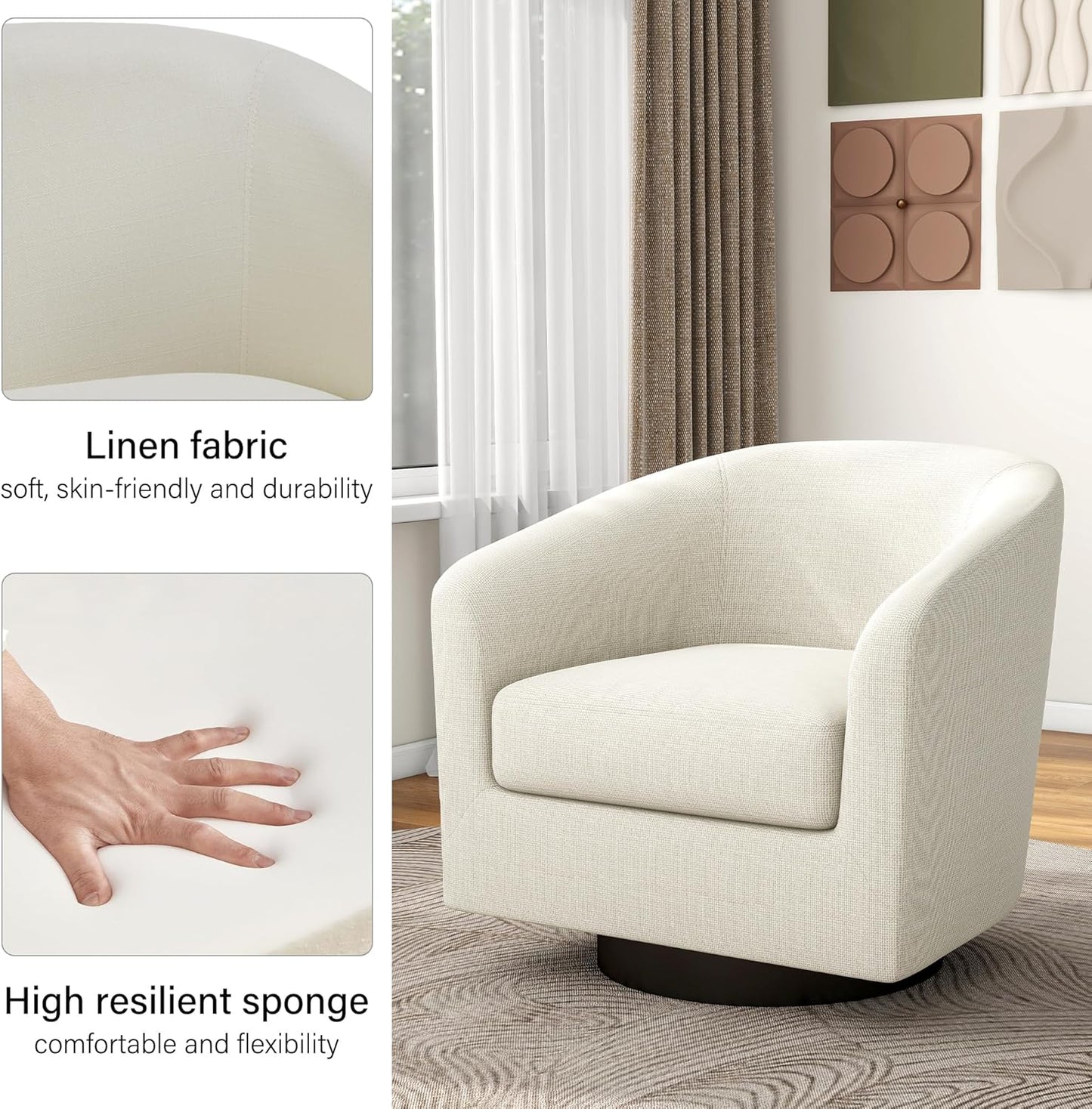 Swivel Barrel Accent Chair, Modern Round Linen Arm Chair for Living Room, Bedroom, Comfy Club Reading Chairs for Adults（Linen Fabric, Beige, Set of 2