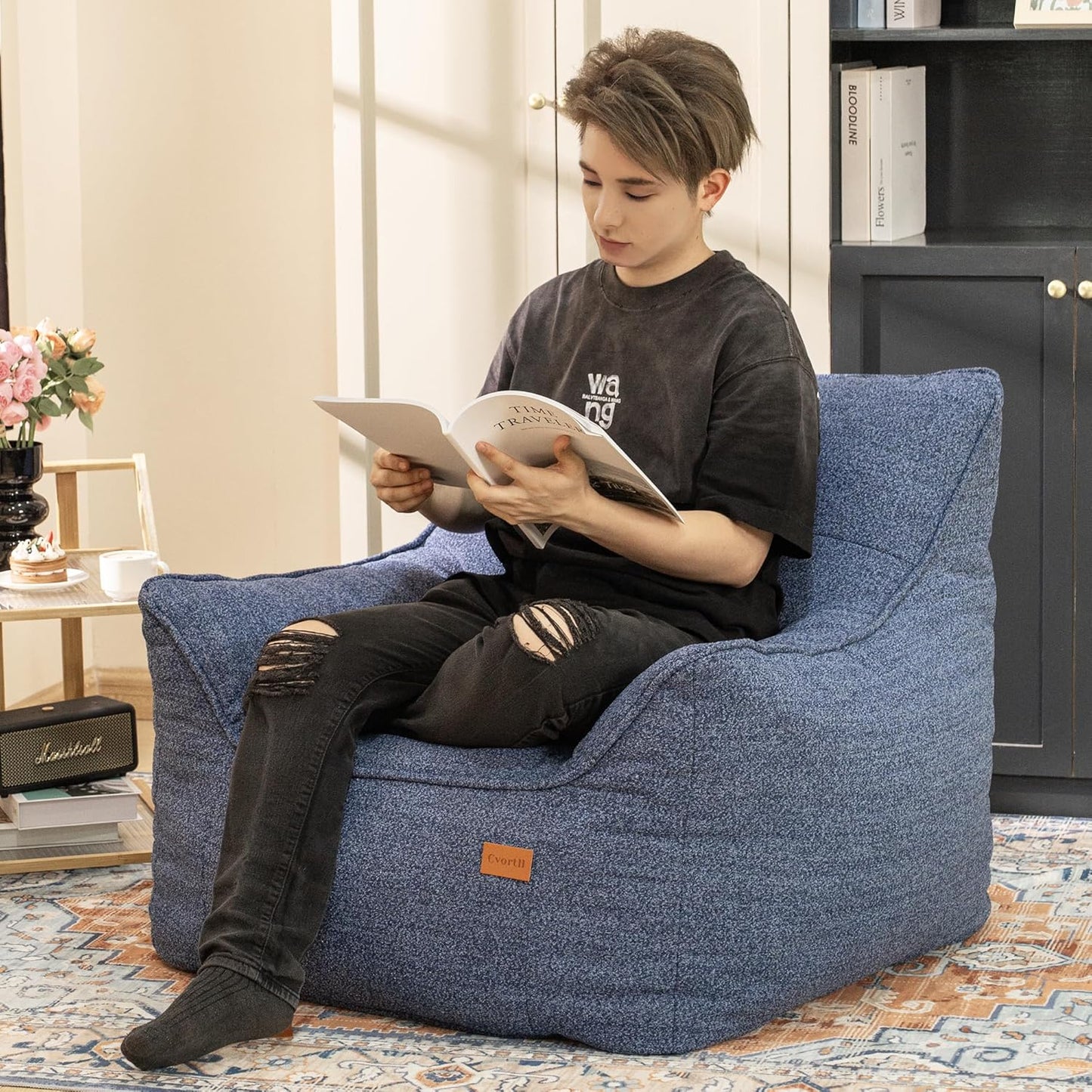 Bean Bag Chair for Adults, Comfy Tufted Bean Bag Chair Sofa with Armrests, Lazy Beanbag Chair with Foam Filler Stuffed Bean Bag Couch Sofa for Reading in Bedroom, Living Room and Dorms