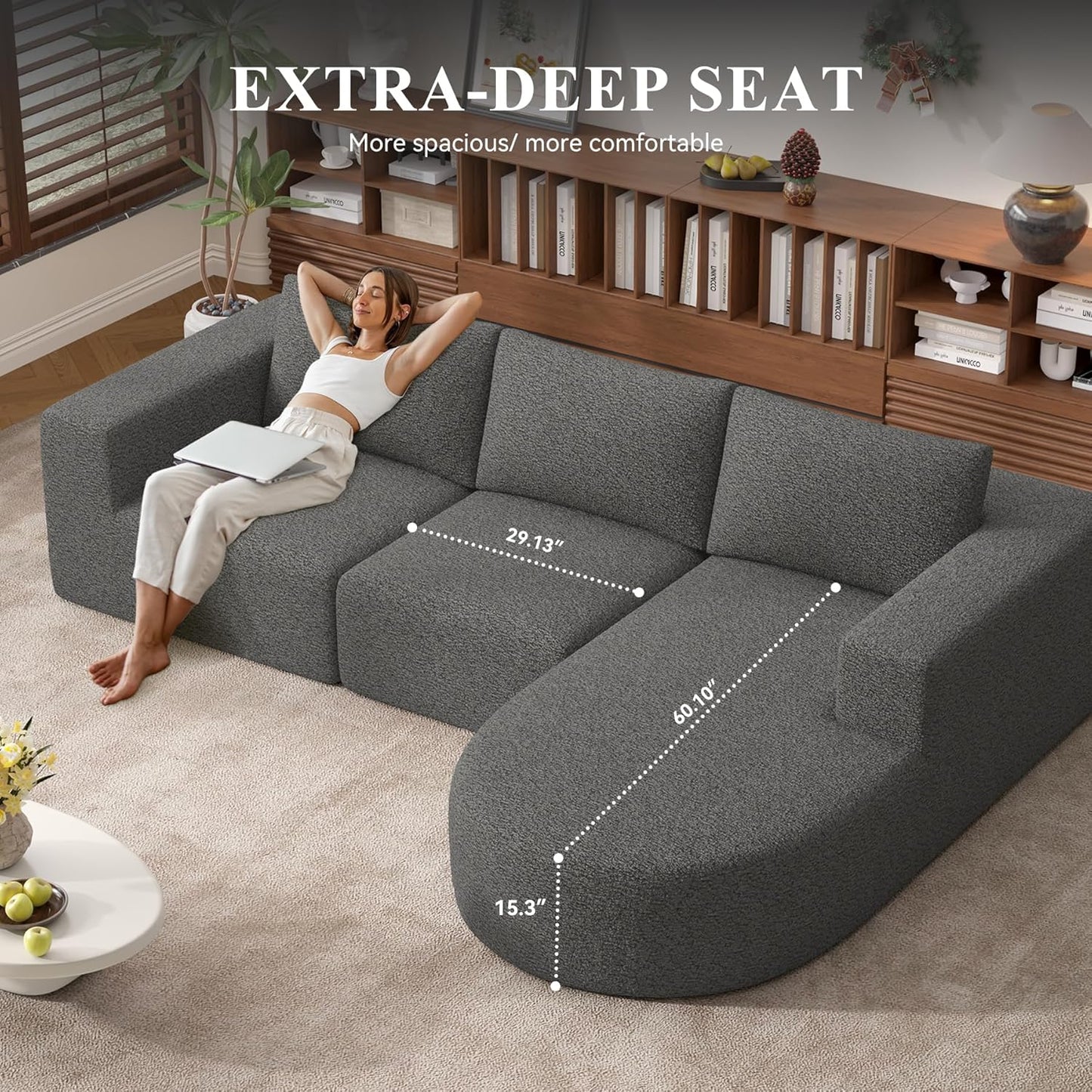 Modular Sectional Sofa with L-Shape Chaise,Cloud Sectional Modern Sleeper Couch with Deep Seat,Sponge Compression Sofas No Assembly Required(Gray-Corduroy Fabric) 1PCS