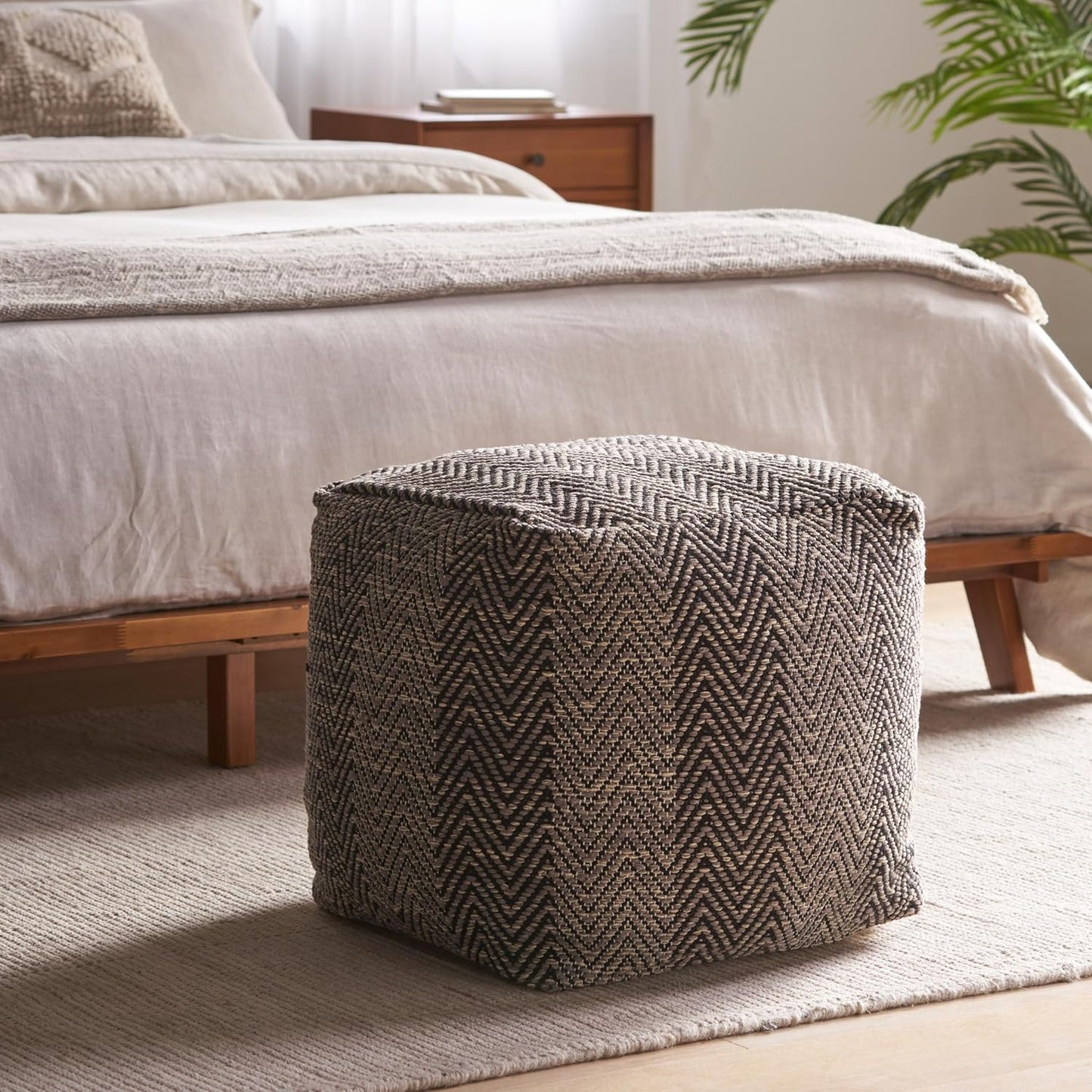 GDFStudio Boho Handmade Fabric Cube Pouf Ottoman Foot Stool - Bean Bag Floor Chair - Foot Rest Couch for Living Room Bedroom, Brown Beige and Yellow,15"" x 15"" x 15"", 312185N