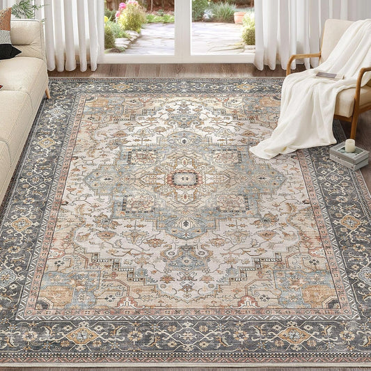 Washable Area Rugs for Living Room - 8x10 Neutral Vintage Distressed Floral Farmhouse Boho Large Soft Floor Rug Indoor Non Slip Carpet for Bedroom Dining Room Office -Forest Green Orange