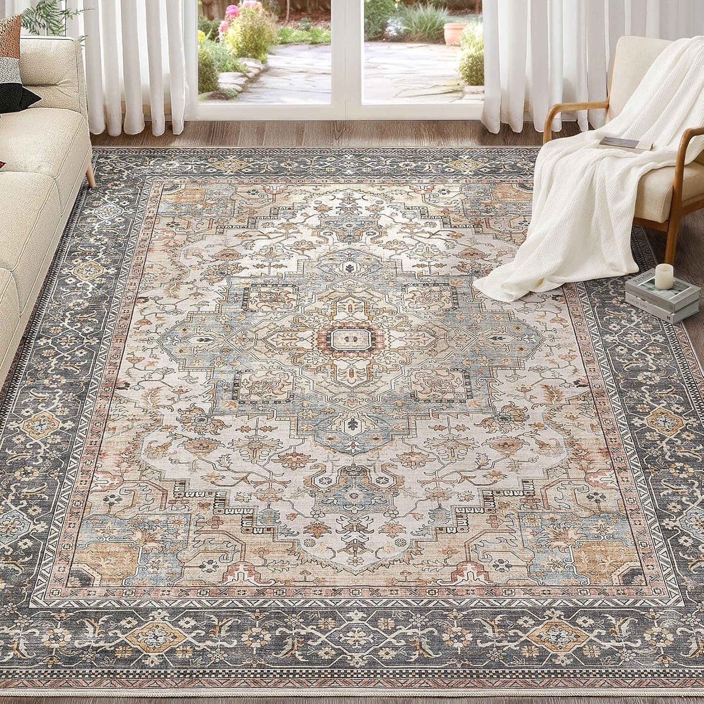 Washable Area Rugs for Living Room - 9x12 Neutral Vintage Distressed Floral Farmhouse Boho Large Soft Floor Rug Indoor Non Slip Carpet for Bedroom Dining Room Office -Forest Green Orange