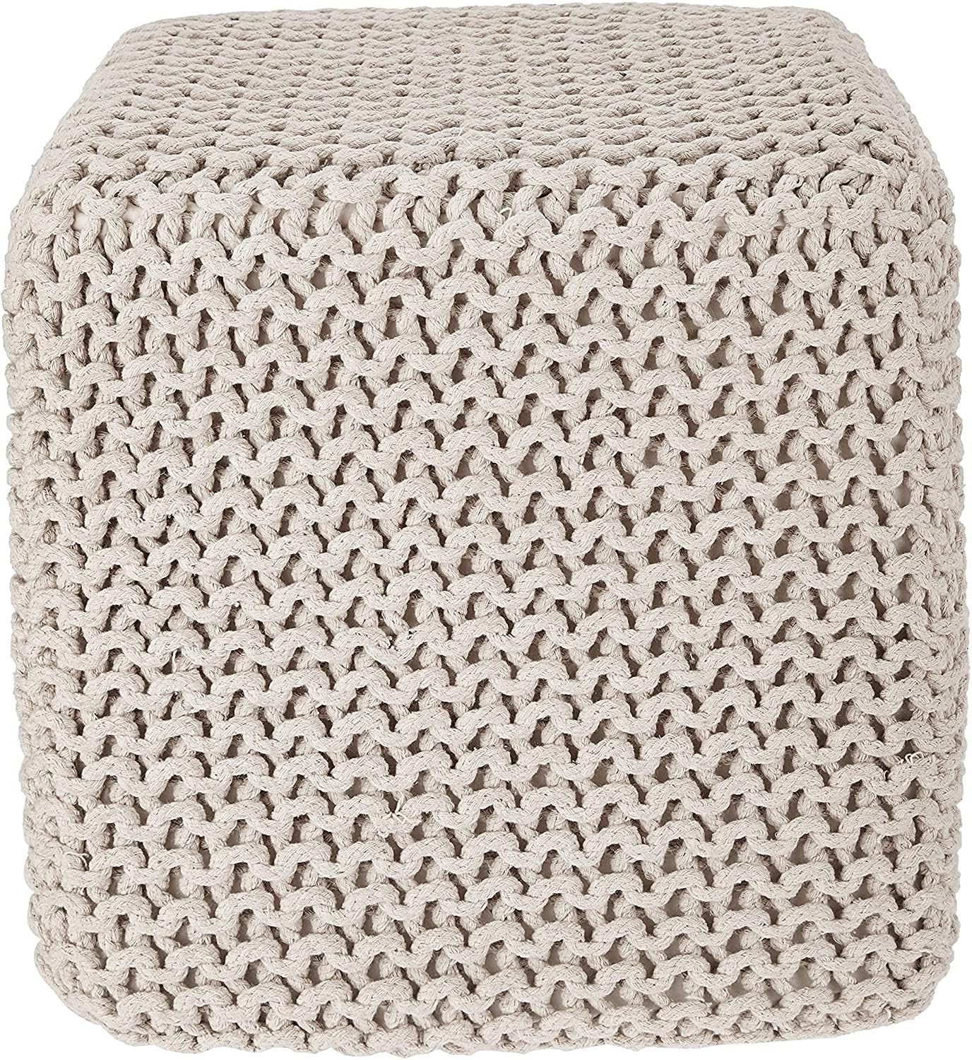 REDEARTH Square Pouf Ottoman Foot Stool - Hand Knitted Bean Bag - Cord Boho Pouffe - Accent Poof for Living Room - Nursery - Bedroom - Kids Bedroom - Patio - 100% Cotton (16" x 16" x 16") - Ivory