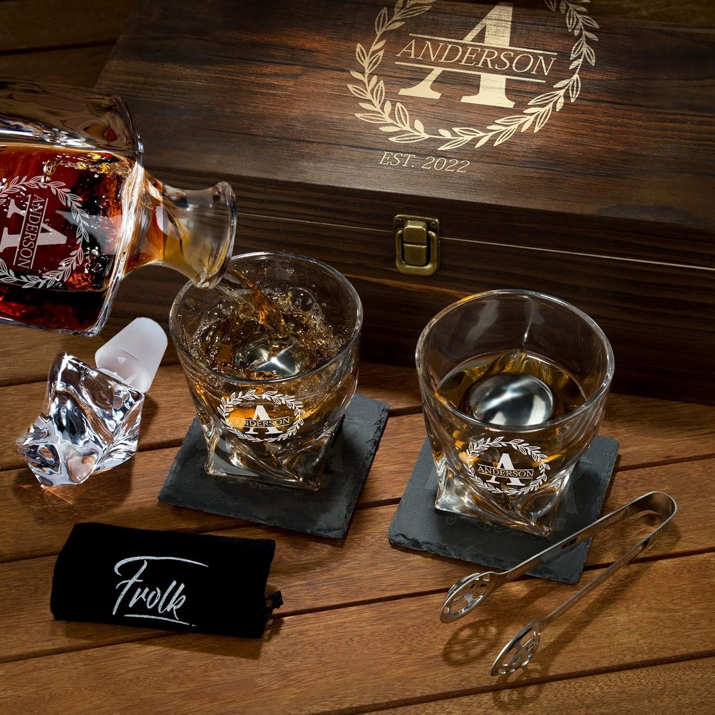 Personalized Whiskey Decanter and Stones Set - Customized Gift for Him - Men, Dad, Father - Engraved Twisted Decanter,2 Twisted Glasses, 2 XL Chilling Balls, Coasters, Tongs in Wooden Gift Box