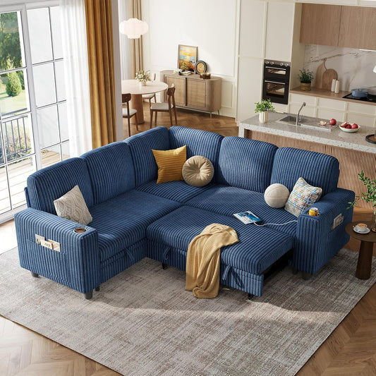LINSY HOME Sectional Sleeper Sofa with Pull Out Couch Bed - Convertible Plush Corduroy Cloud Couch with Storage Chaise & USB Charging, Comfy L Shaped Modular Couches for Living Room Apartment, Blue