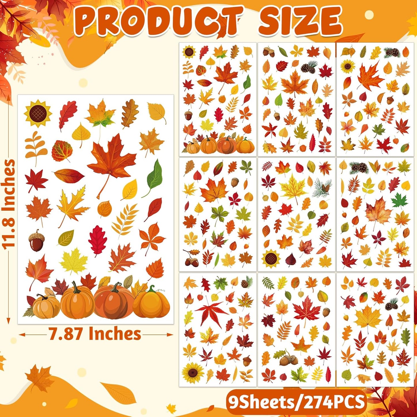 9 Sheets Fall Decorations, 274 PCS Fall Window Clings, Double Sided Autumn Stickers with Maple Leaves Pumpkin Nuts, Autumn Window Clings for Party Thanksgiving Decor Indoor Outdoor Accessories