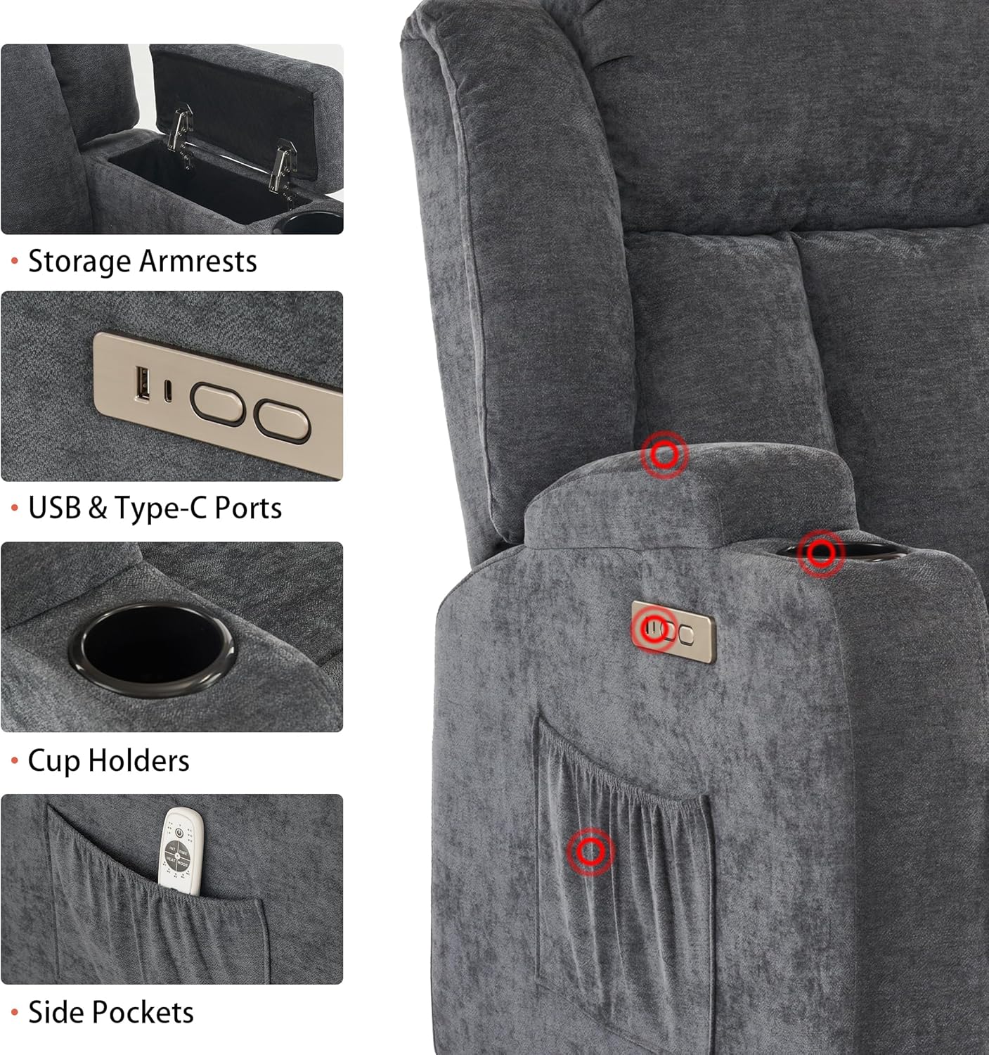 Power Lift Recliner Chair for Elderly with Massage and Heat, Recliner Chairs for Adults, Upgraded Fabric Reclining Sofa Chair with USB & Type-C Ports and Cup Holders, L1188(Grey)