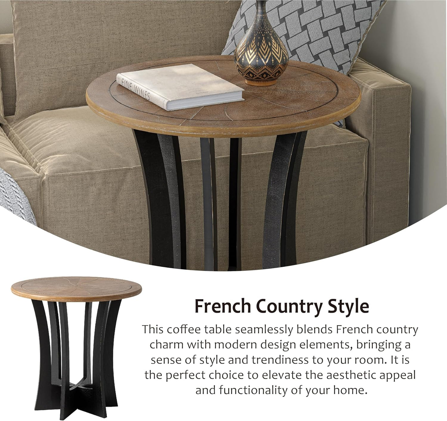 Farmhouse Round End Table X 2P with Criss-Cross Wood Legs, Rustic French Country Side Table for Dinning or Living Room, Modern, Black, Natural Wood