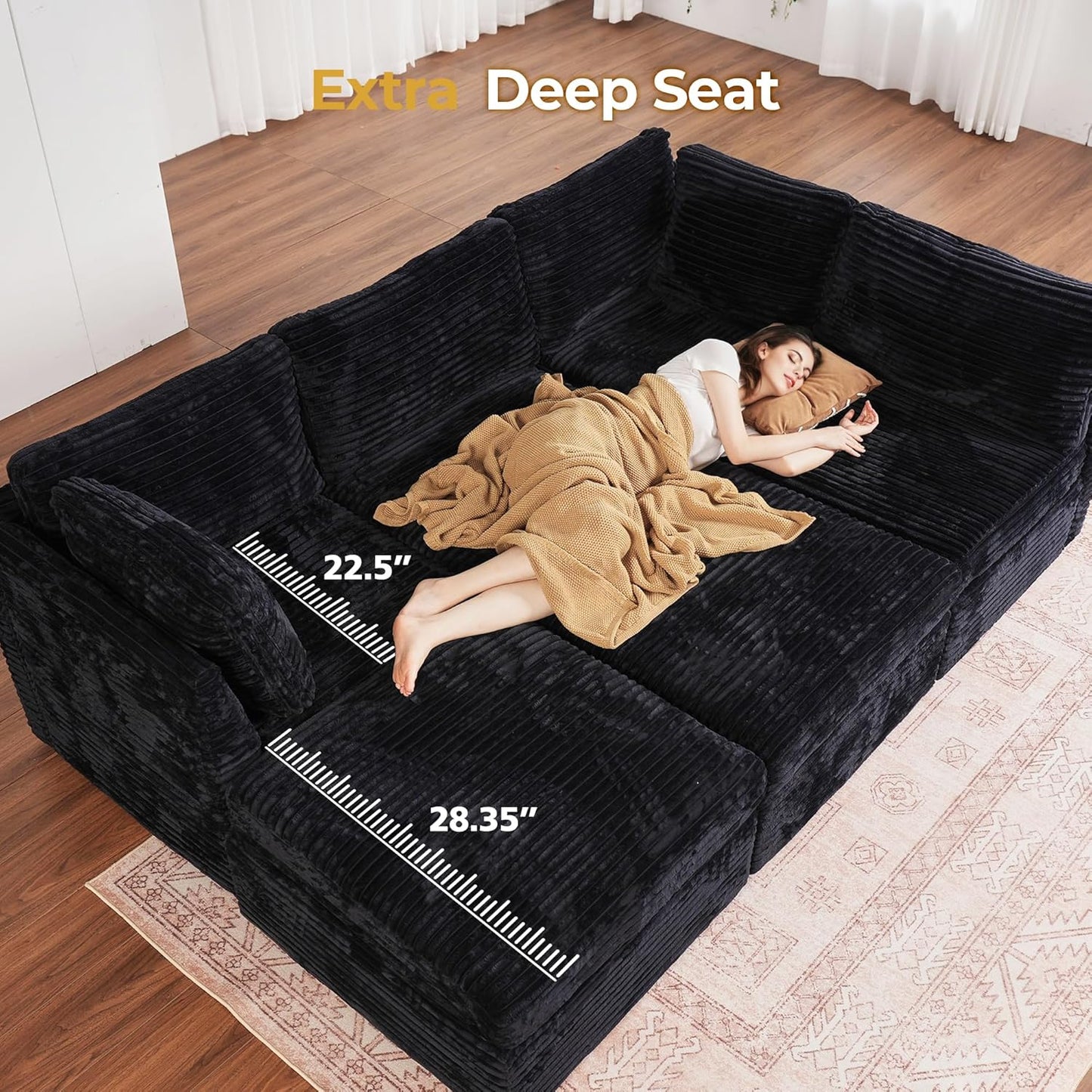 HOOOWOOO Modular Sectional Sofa,8 Pieces Sectional Couches for Living Room,131X98 G Shaped Cloud Couch with Ottoman Chaise(Black Velvet Corduroy)