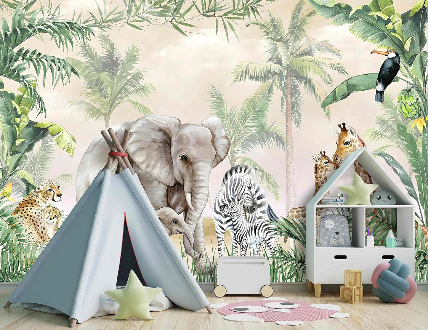 Tropical Animal Plants wallpeper Nursery Kids Bedroom Elephant Wall Mural - 160"x108"（Not Peel and Stick）