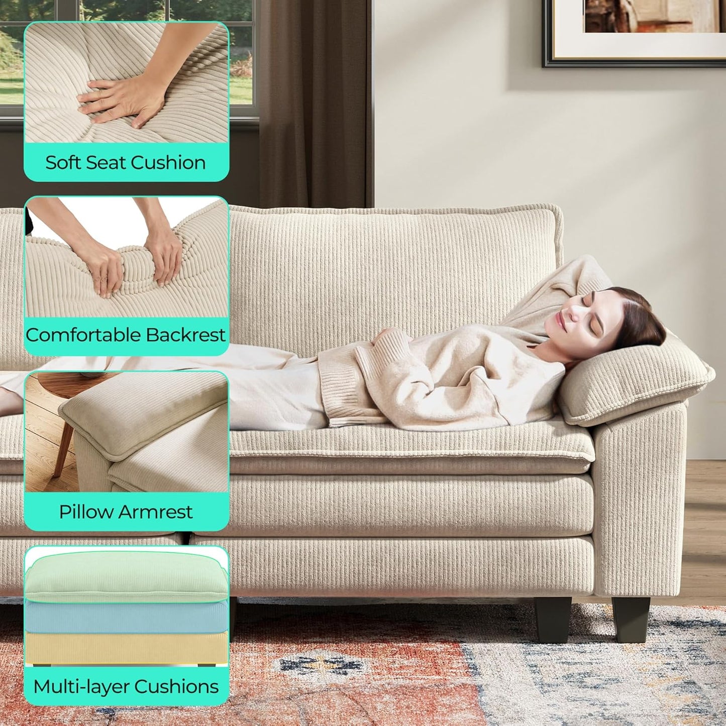 LINSY HOME Modular Sectional Sofa - 157'' Sleeper Sofa Cloud Couch Oversized Corduroy Sofa Bed with Movable Ottoman Soft Modern Comfy Couch for Living Room Apartment Office, Beige