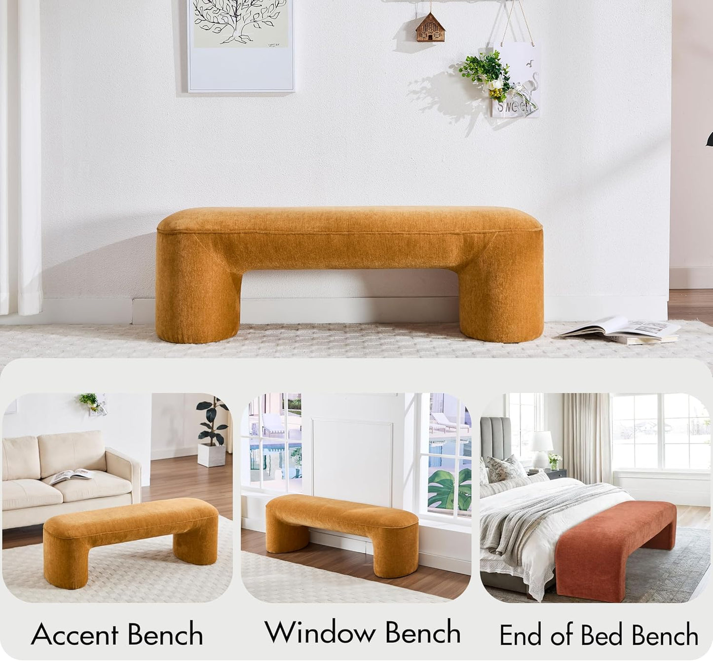 3-Piece 53" Comfy Upholstered Dining Bench with 2 Ottomans, Accent Waterfall Bench Modern End of Bed Entryway Bench Vanity Stool，Pumpkin Chenille