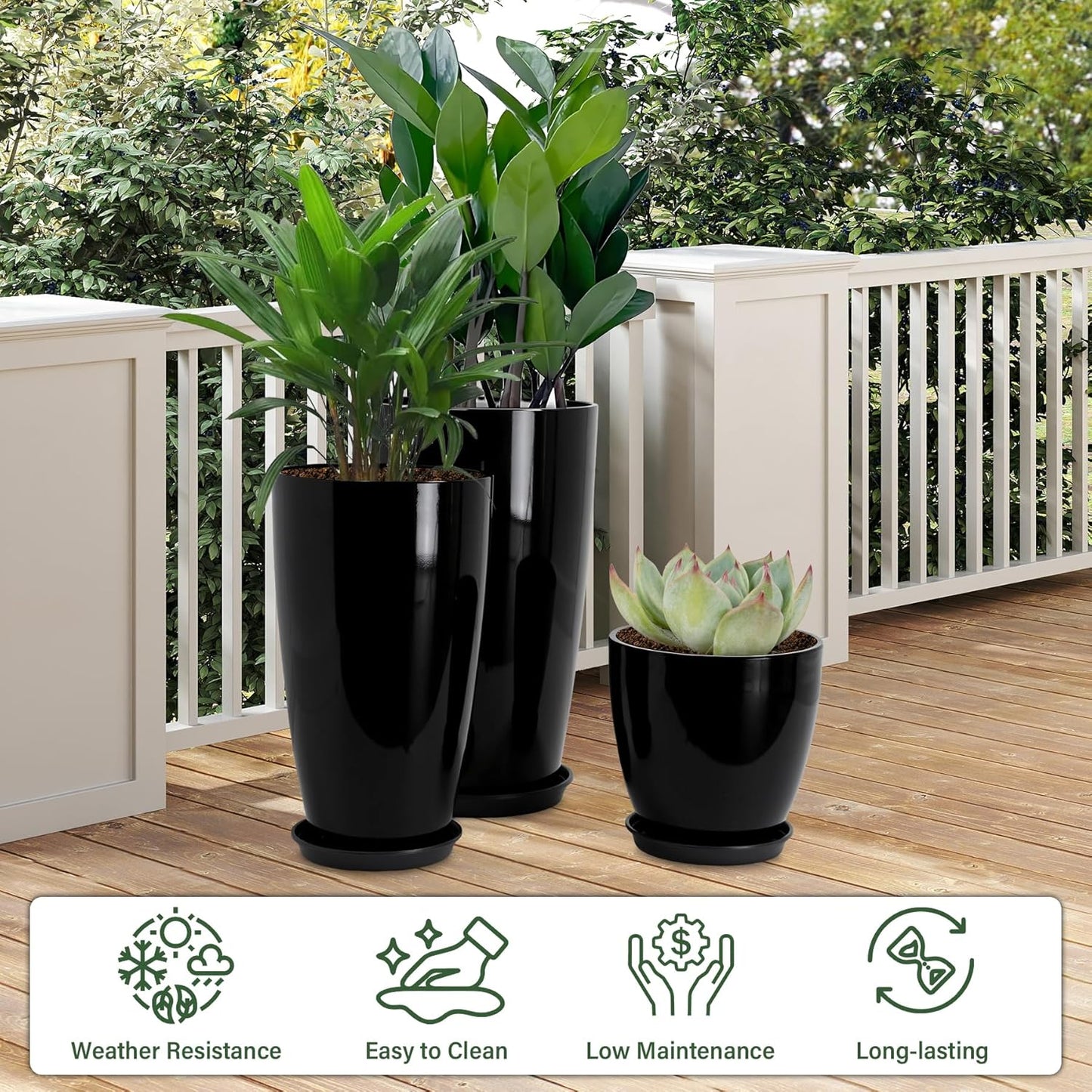 24/21/12 Inch Large Plastic Planter, Lightweight Ceramic-Look Large Flower Pots with Drain Hole & Saucers, Plastic Outdoor Planters for Garden, Patio, Balcony(Brilliant Black)