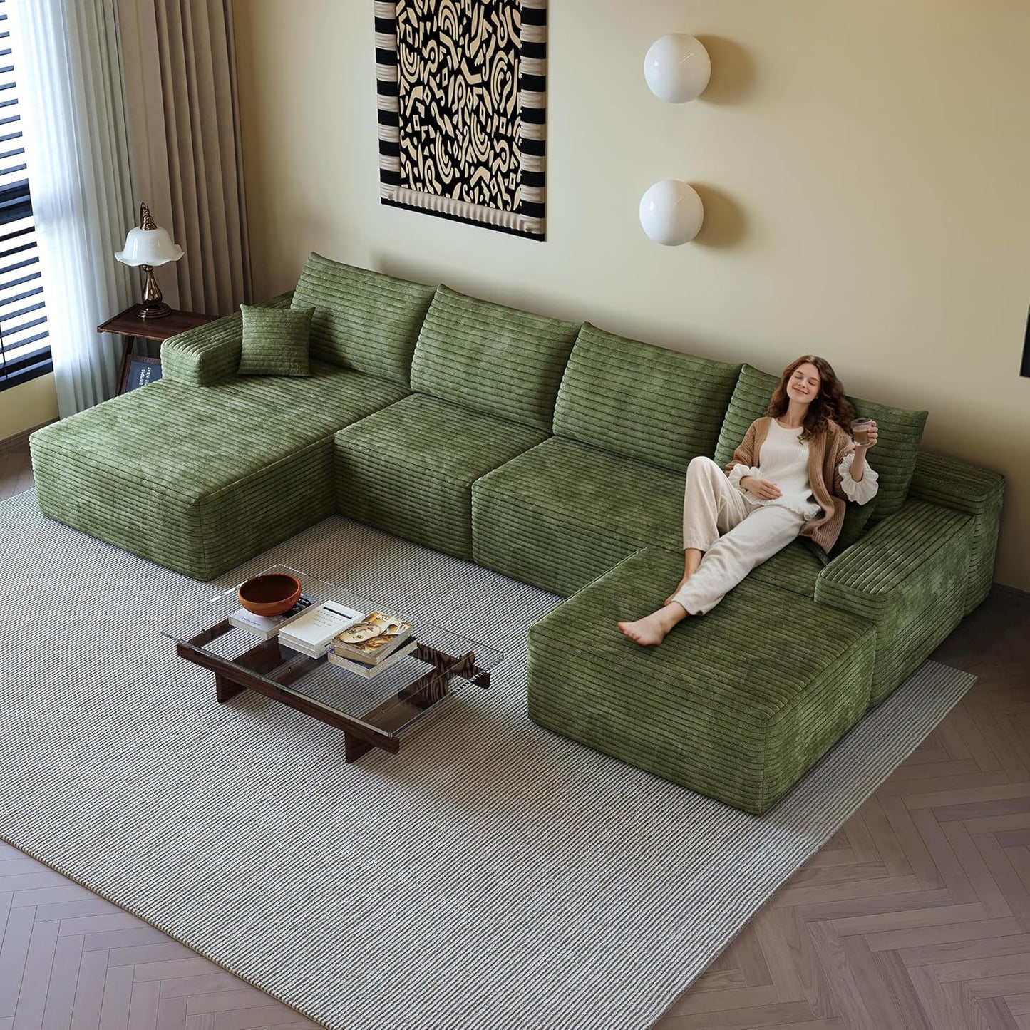 108" Sectional Couches for Living Room Modern Modular Sofa with L-Shape Couchs Upholstered Boneless Couch Deep Seat Sectional Couch with Chaise (Green, Left Facing Chaise+3Seaters+Ottoman)