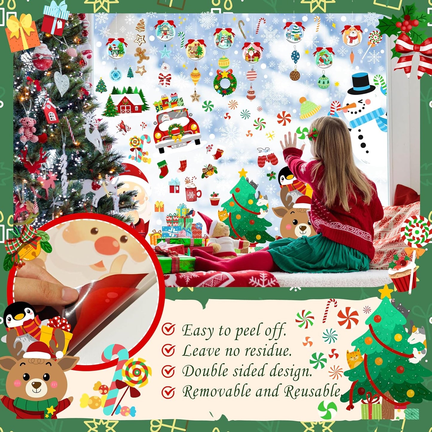 Christmas Window Clings - Christmas Large Window Stickers for Glass Window, Reusable Static Vinyl Double-Sided Winter Decals, Cute Snowflake Snowman Holiday Xmas Decorations, 197 PCS/9 Sheet